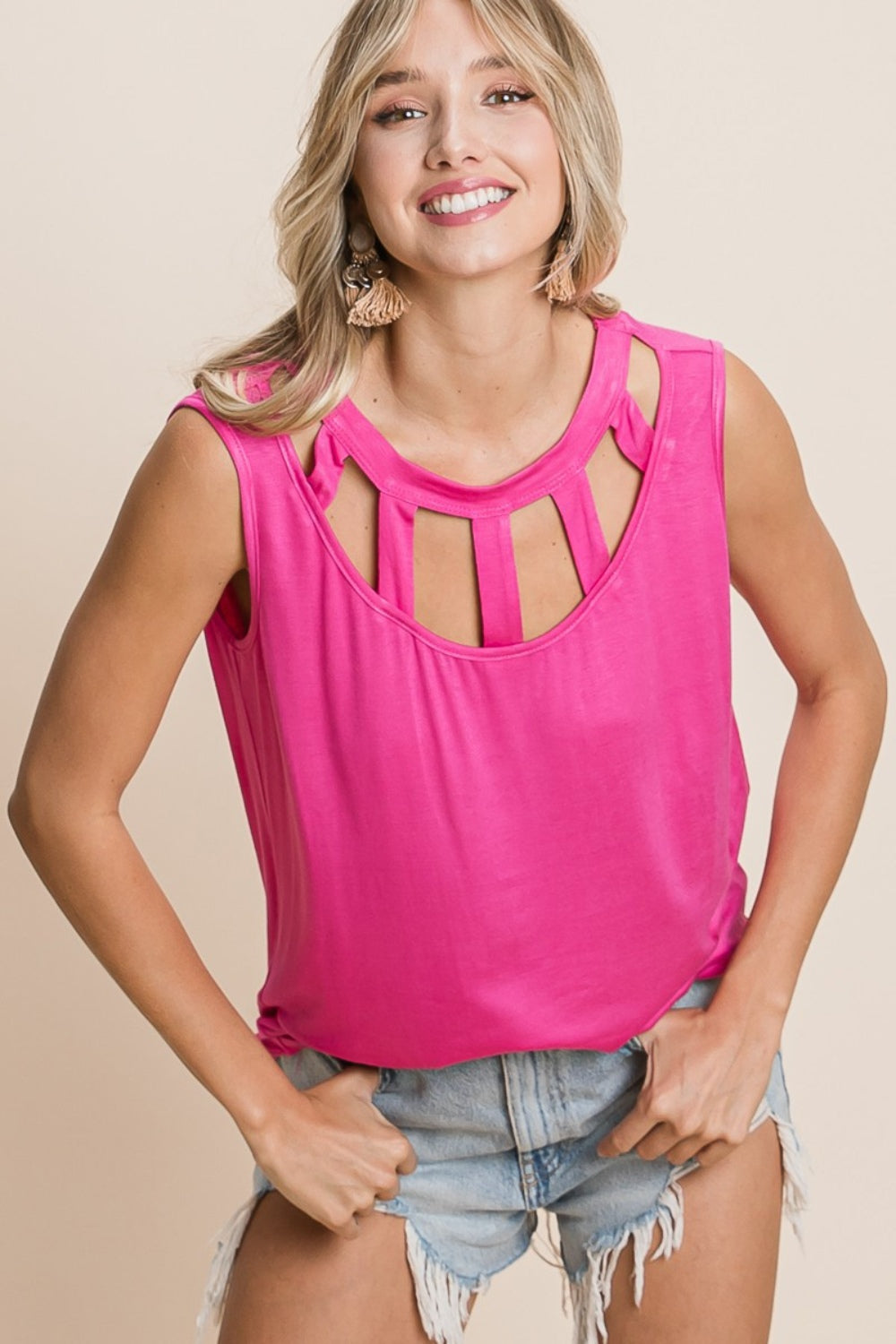 BiBi Cutout Round Neck Sleeveless Top - AllIn Computer