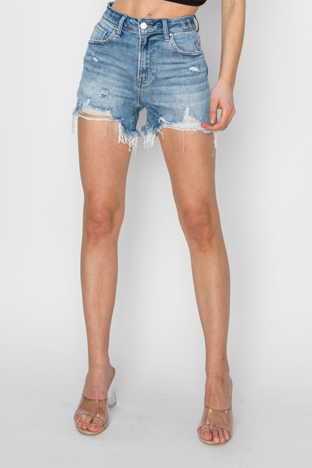 RISEN High Rise Frayed Hem Denim Shorts - AllIn Computer
