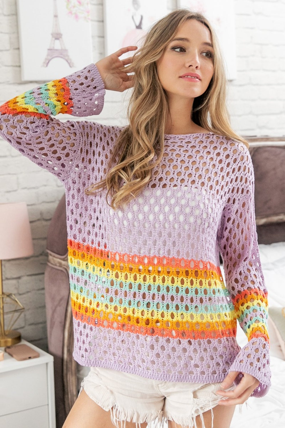 BiBi Rainbow Stripe Hollow Out Cover Up - AllIn Computer