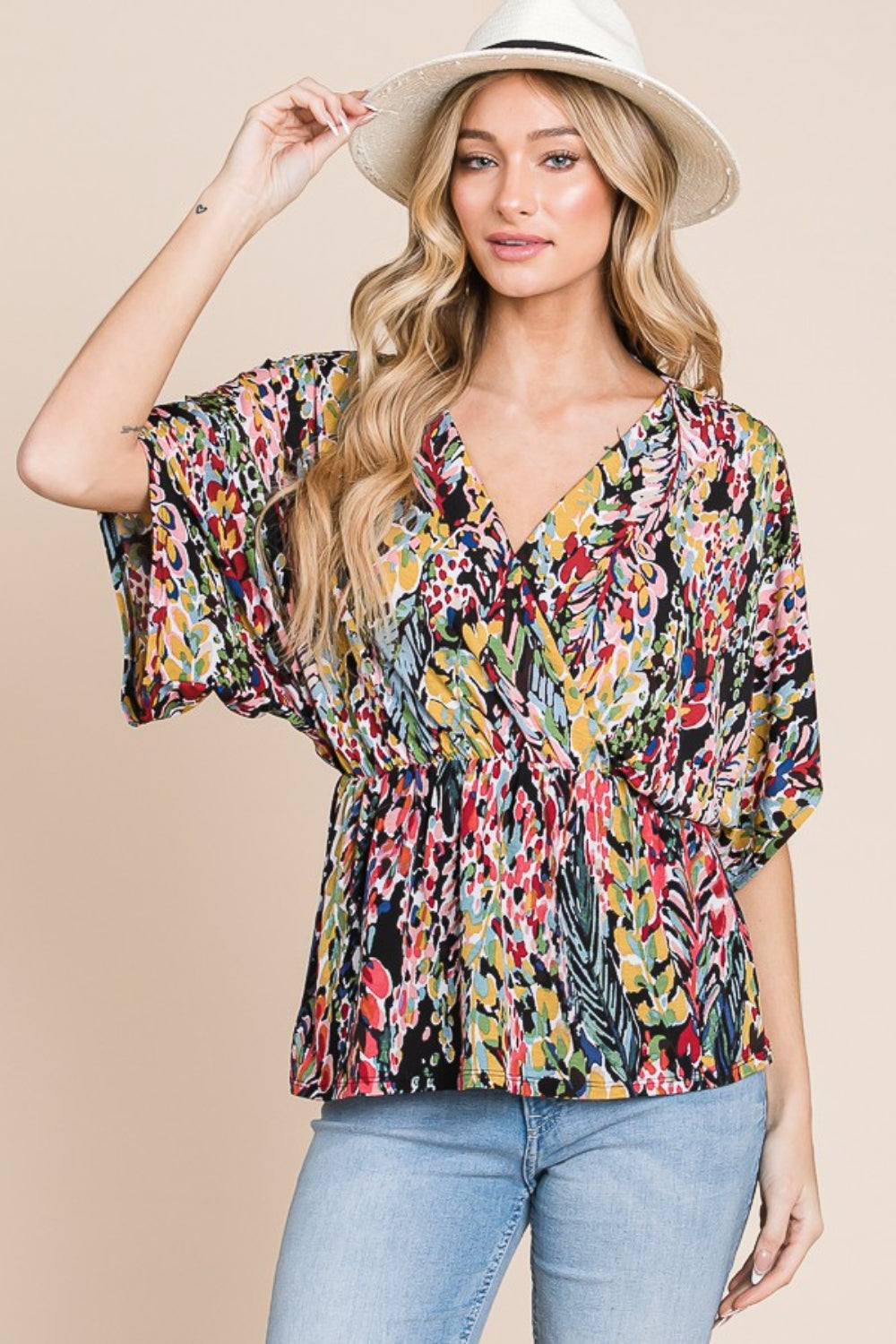 BOMBOM Printed Surplice Peplum Blouse - AllIn Computer