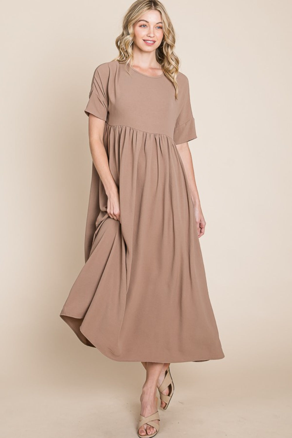 BOMBOM Round Neck Ruched Midi Dress - AllIn Computer