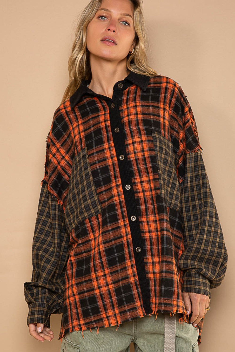 POL Plaid Contrast Long Sleeve Raw Hem Shacket with Chest Pockets - AllIn Computer