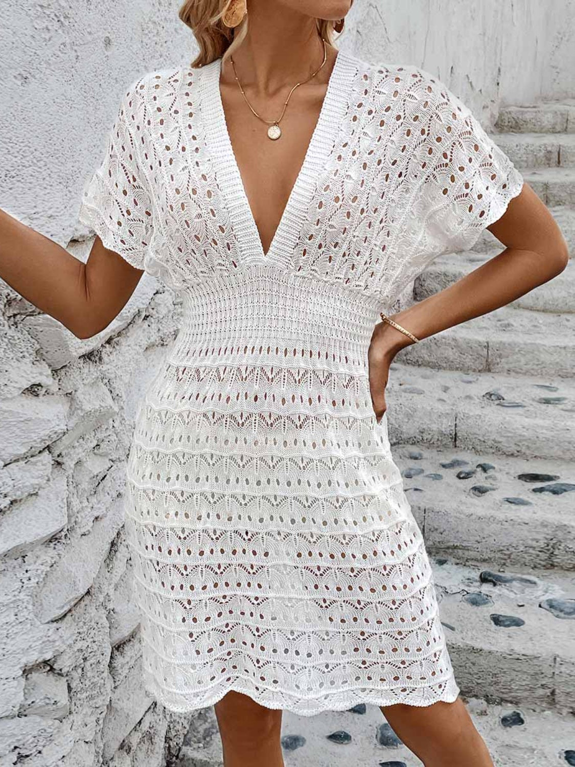 Openwork Plunge Short Sleeve Cover-Up Dress - AllIn Computer