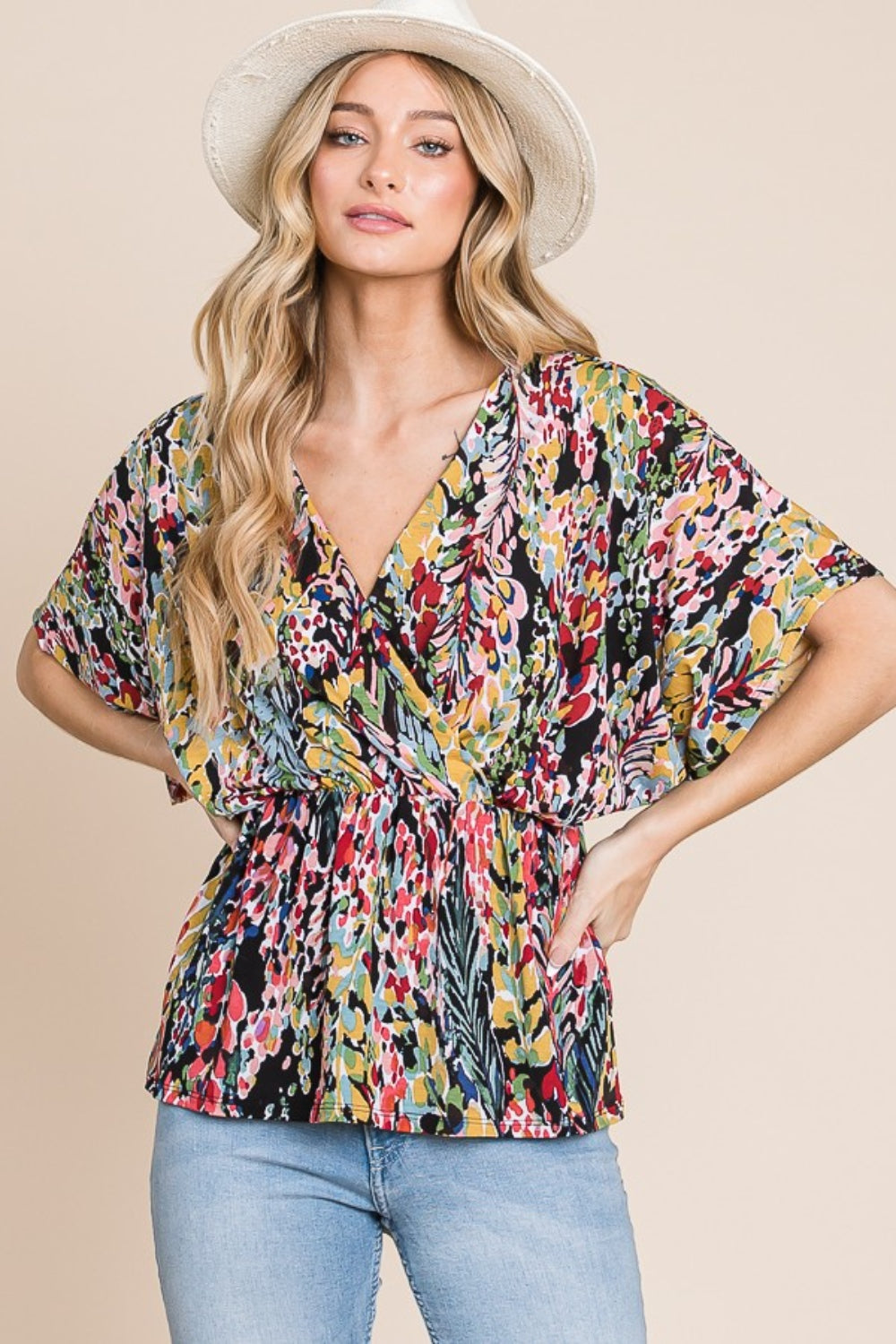 BOMBOM Printed Surplice Peplum Blouse - AllIn Computer