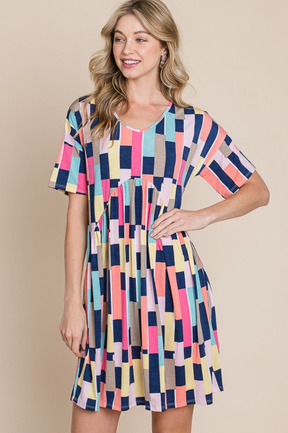 BOMBOM Ruched Color Block Short Sleeve Mini Dress - AllIn Computer