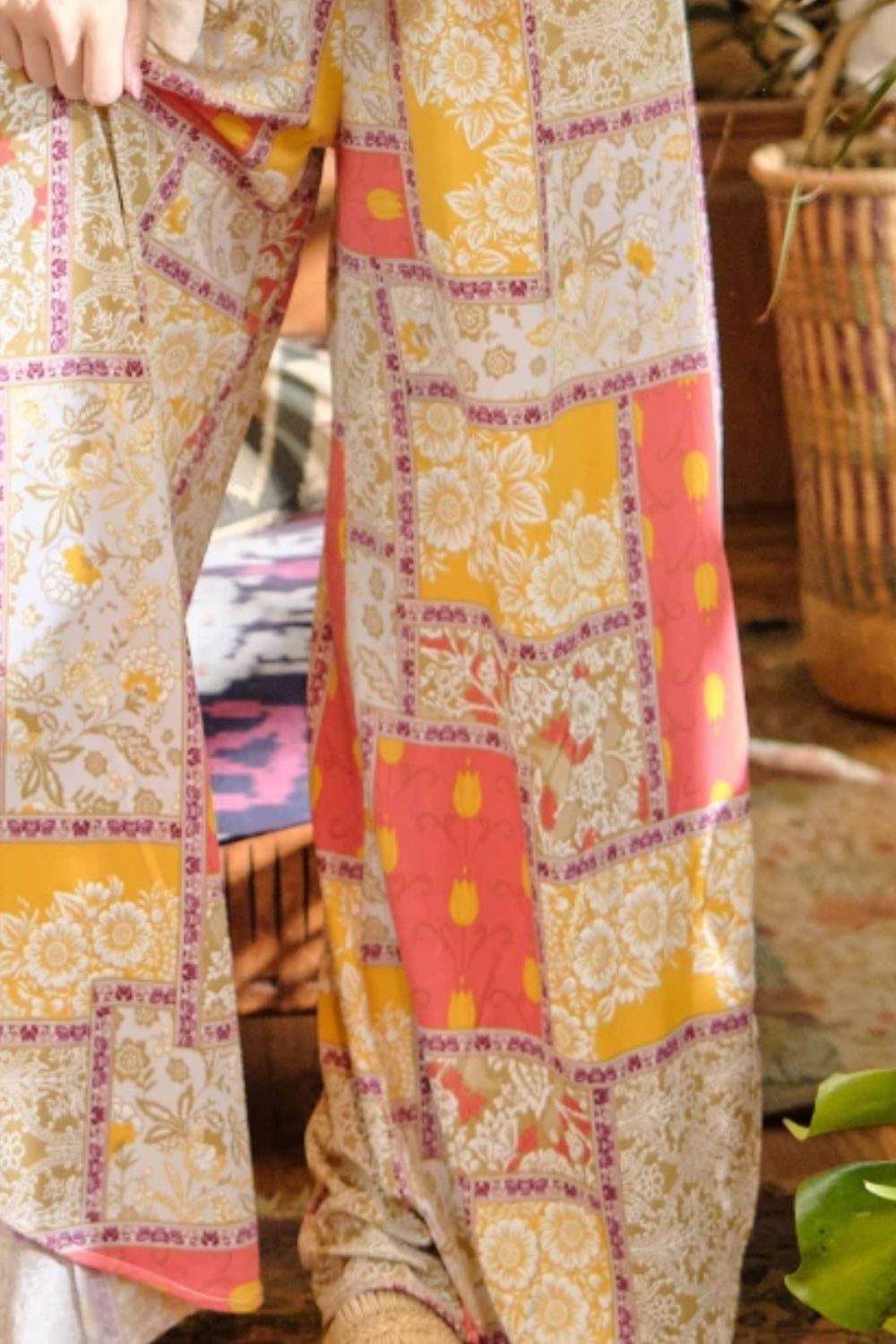 And The Why Printed Smocking Waist Side Slit Wide Leg Pants - AllIn Computer