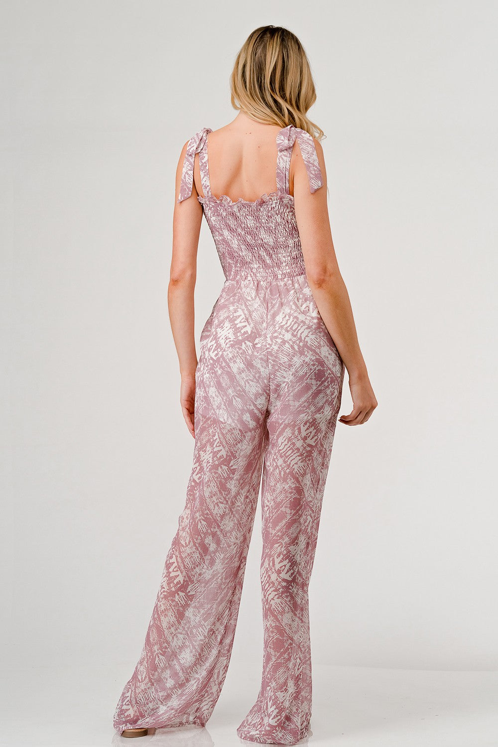 GeeGee Printed Tie Shoulder Wide Leg Jumpsuit - AllIn Computer