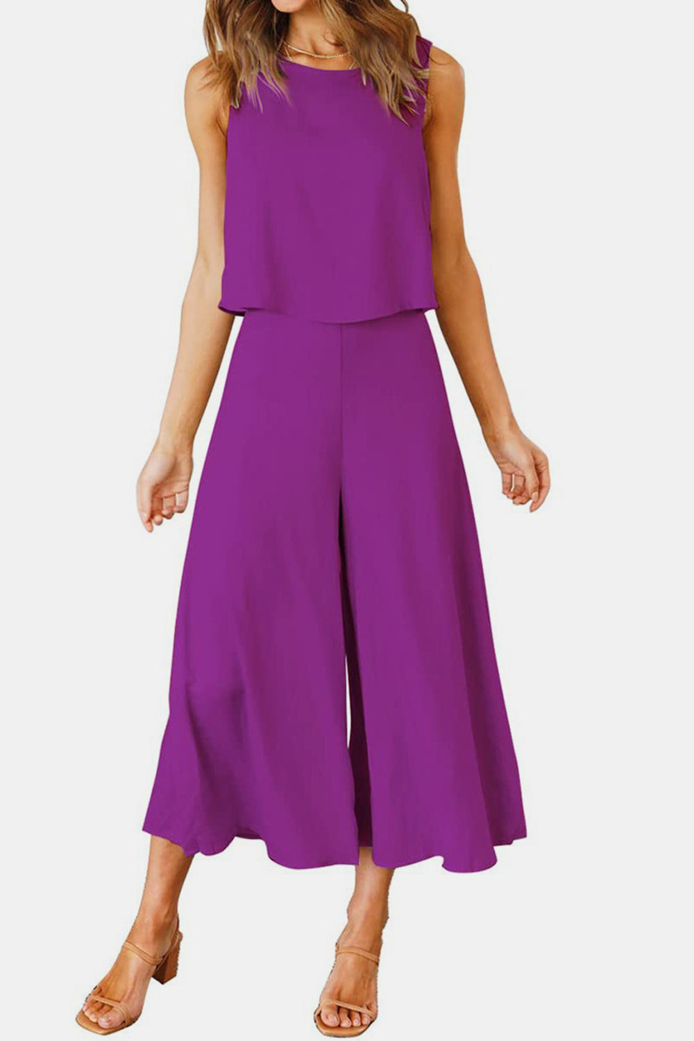 Round Neck Top and Wide Leg Pants Set - AllIn Computer