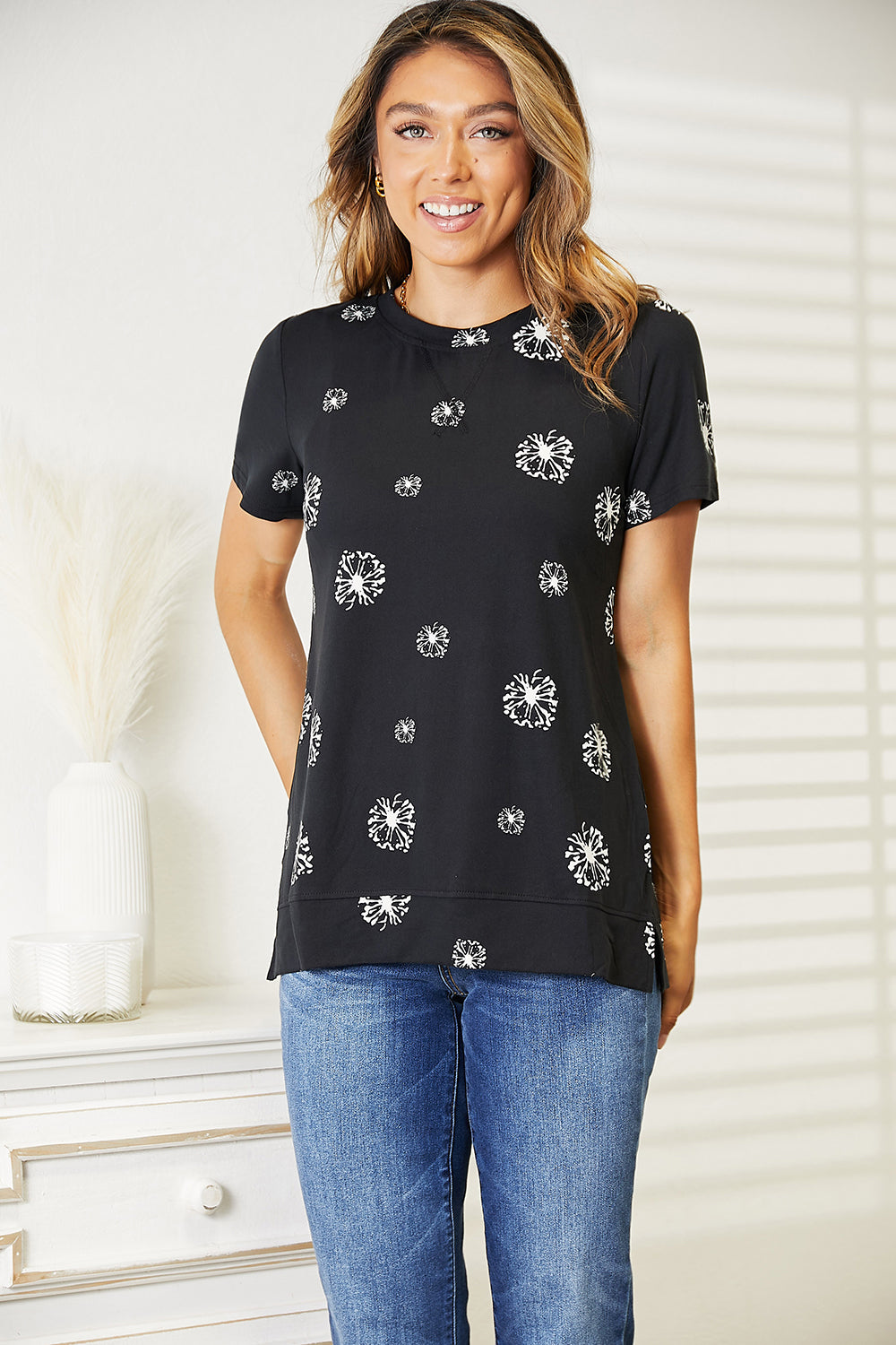 Double Take Dandelion Print Round Neck T-Shirt - AllIn Computer