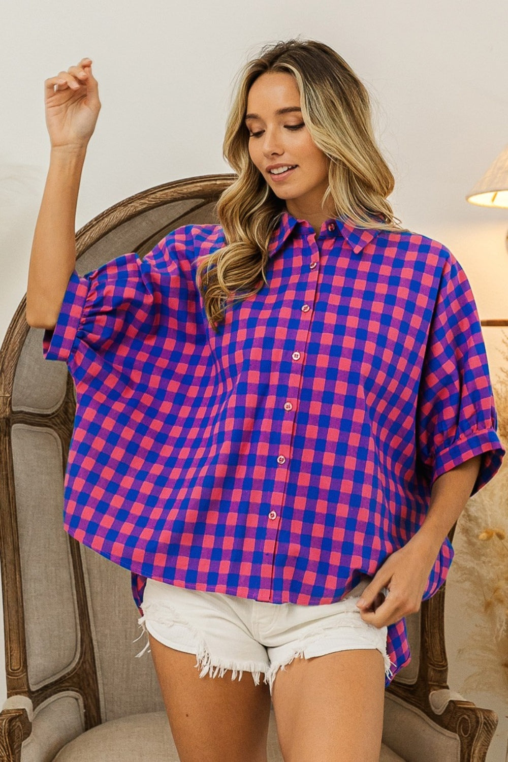 BiBi Plaid Button-Up Dolman Sleeve Shirt