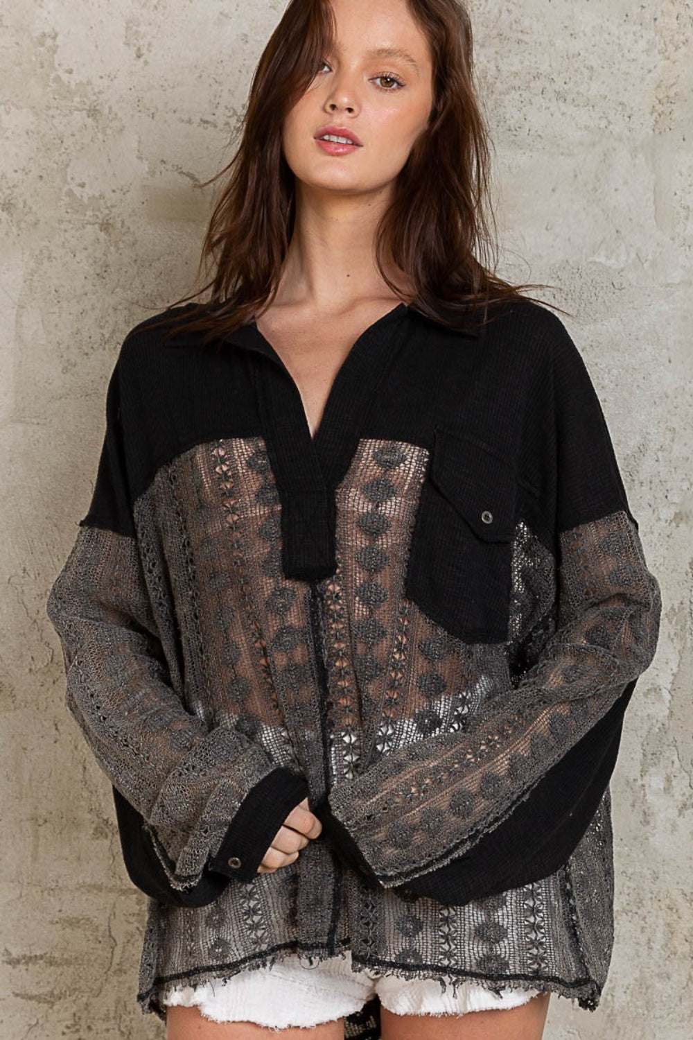 POL Johnny Collar Long Sleeve Lace Blouse - AllIn Computer