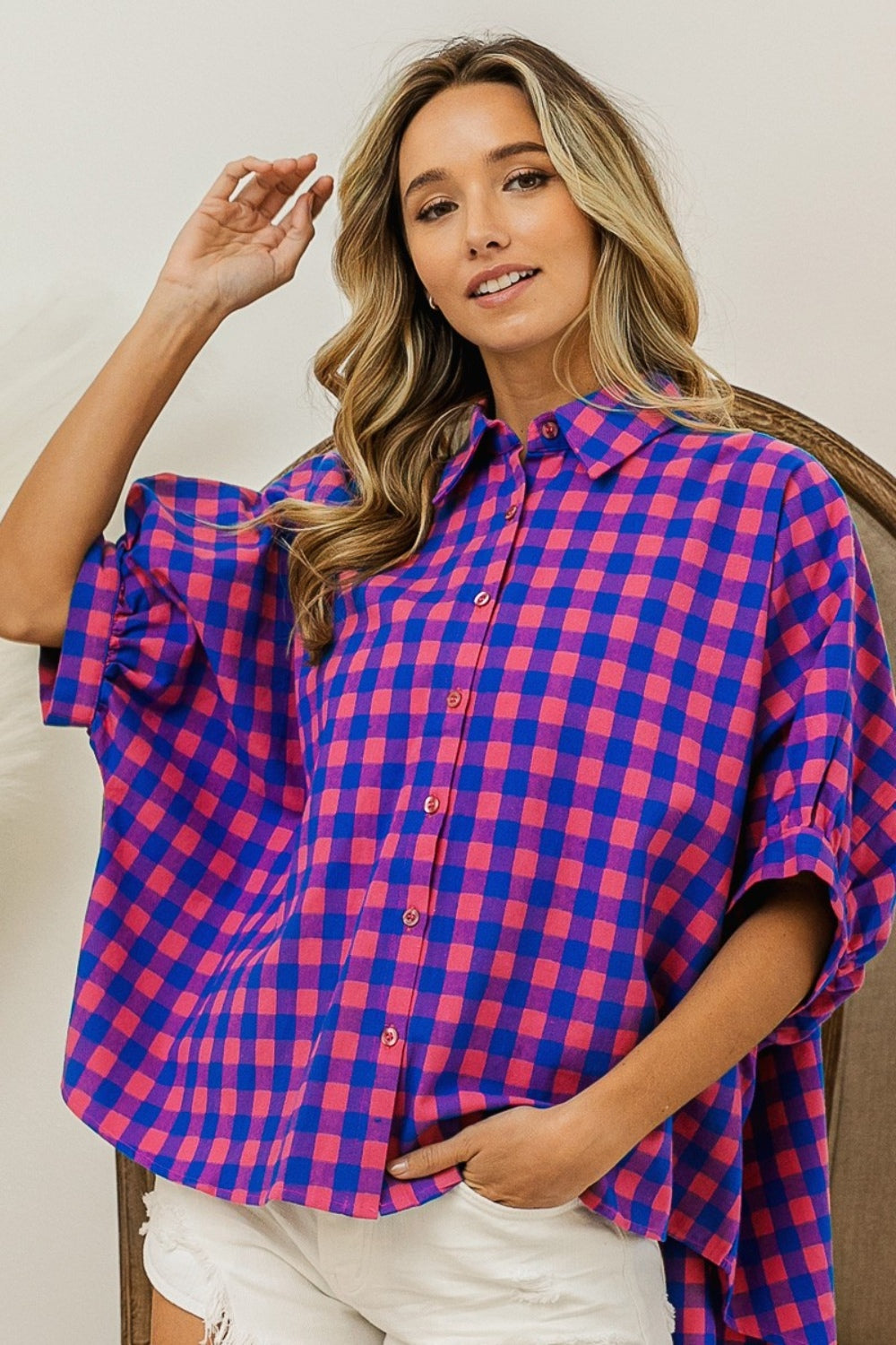 BiBi Plaid Button Up Dolman Sleeve Shirt | CLOTHING,SHOES & ACCESSORIES | BiBi, button up top, dolman sleeve top, Plaid, plaid top, Ship from USA, top | Trendsi