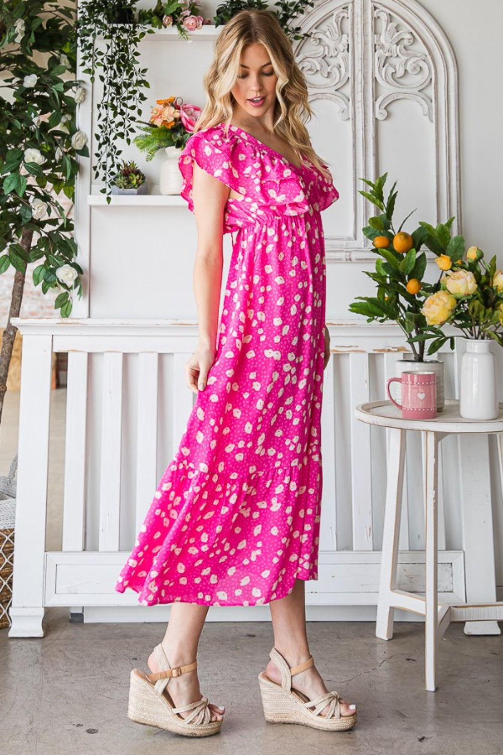 Reborn J Printed V-Neck Ruffle Trim Tiered Midi Dress - AllIn Computer