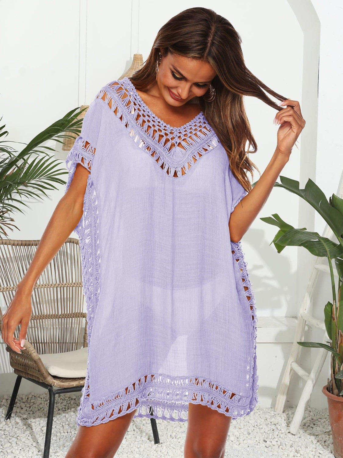 Cutout V-Neck Short Sleeve Cover-Up - AllIn Computer