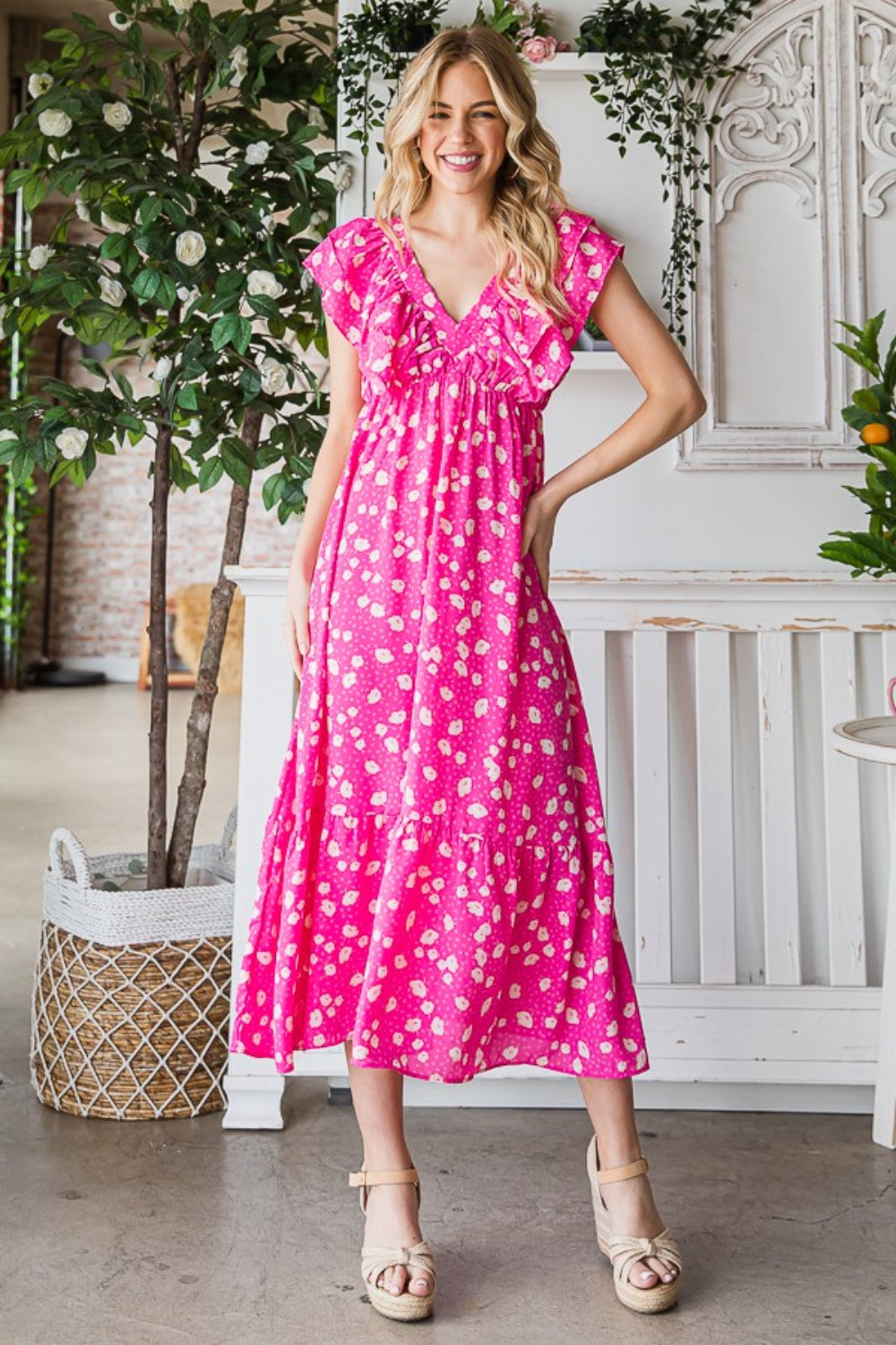 Reborn J Printed V-Neck Ruffle Trim Tiered Midi Dress - AllIn Computer