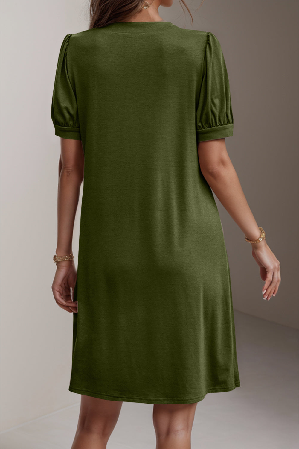 Pin-Tuck Notched Short Sleeve Dress - AllIn Computer