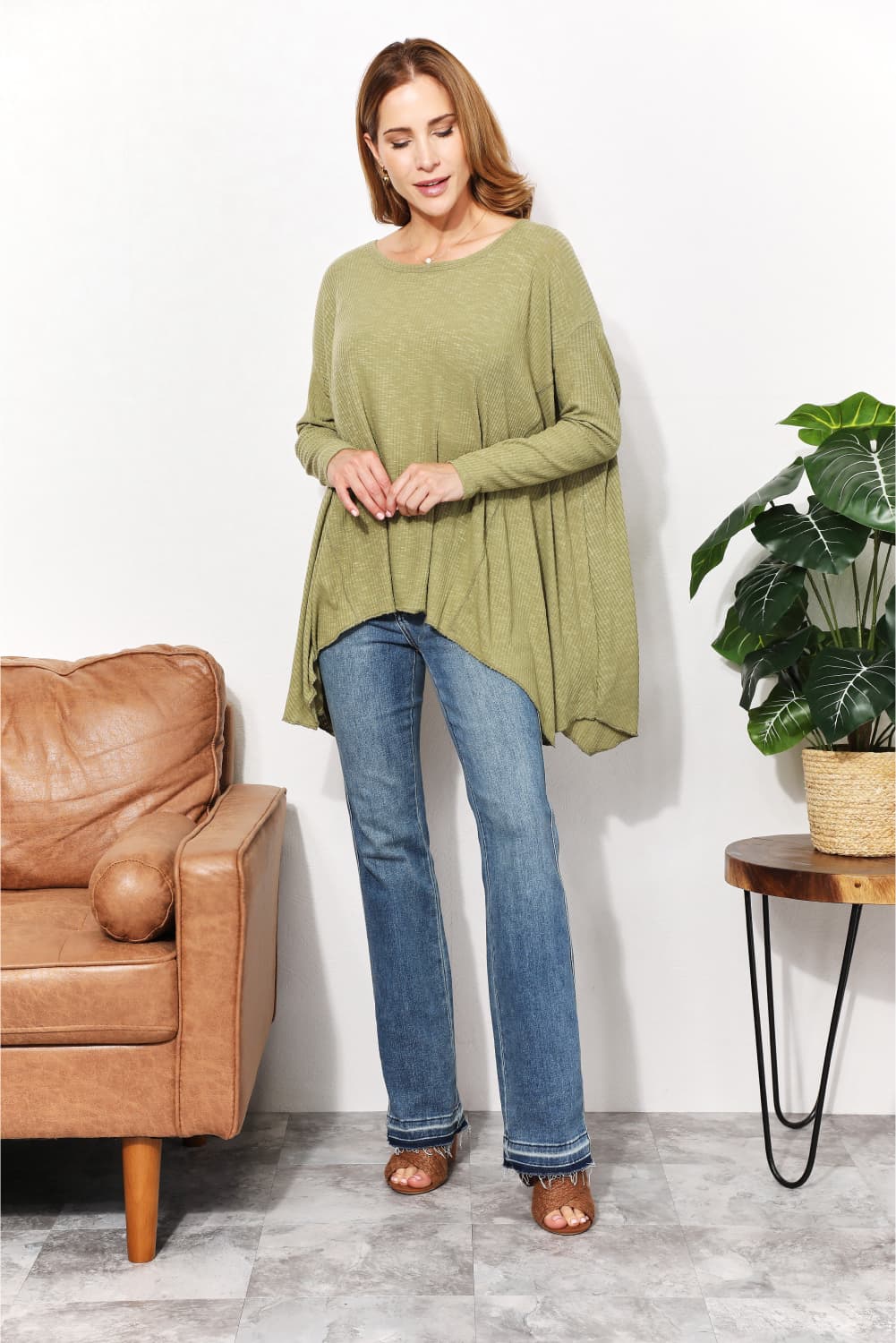 HEYSON Full Size Oversized Super Soft Rib Layering Top with a Sharkbite Hem and Round Neck - AllIn Computer