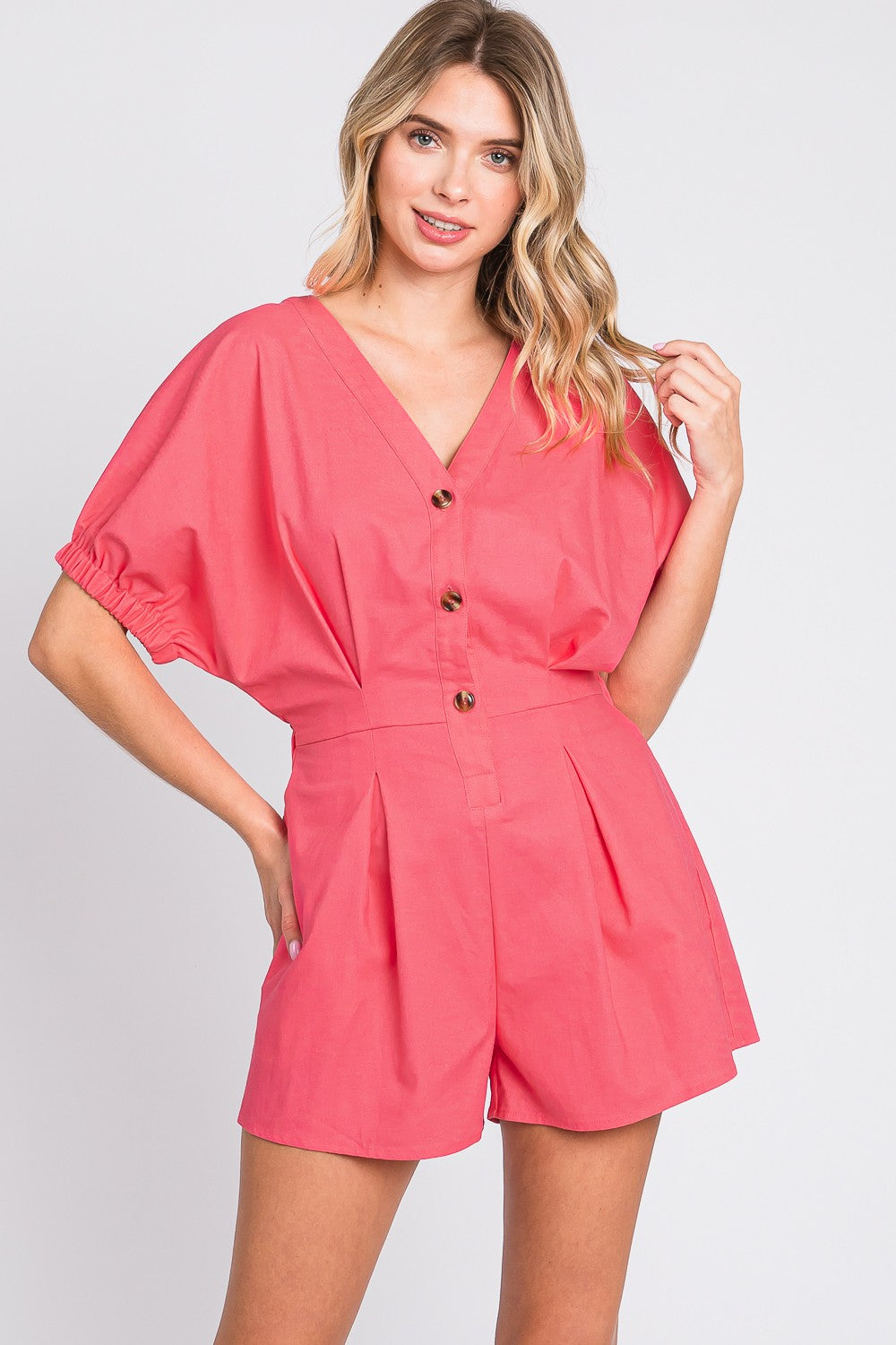 GeeGee Half Button V-Neck Linen Romper - AllIn Computer