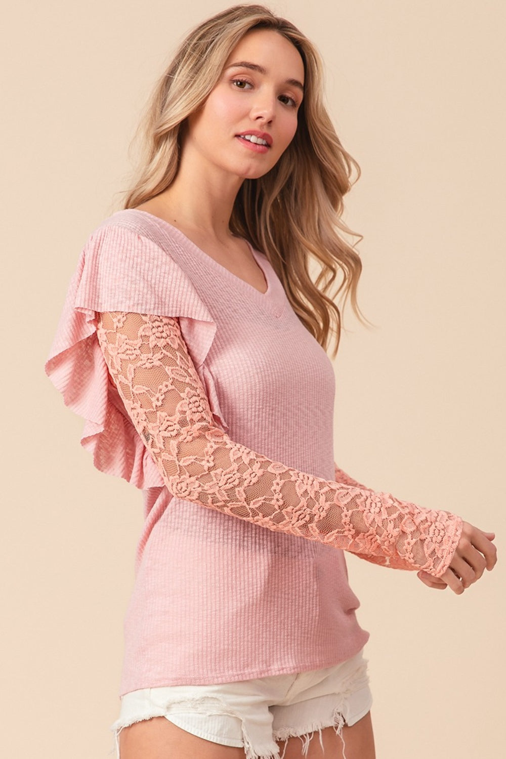 BiBi Ruffled Lace Sleeve Rib Knit Top - AllIn Computer