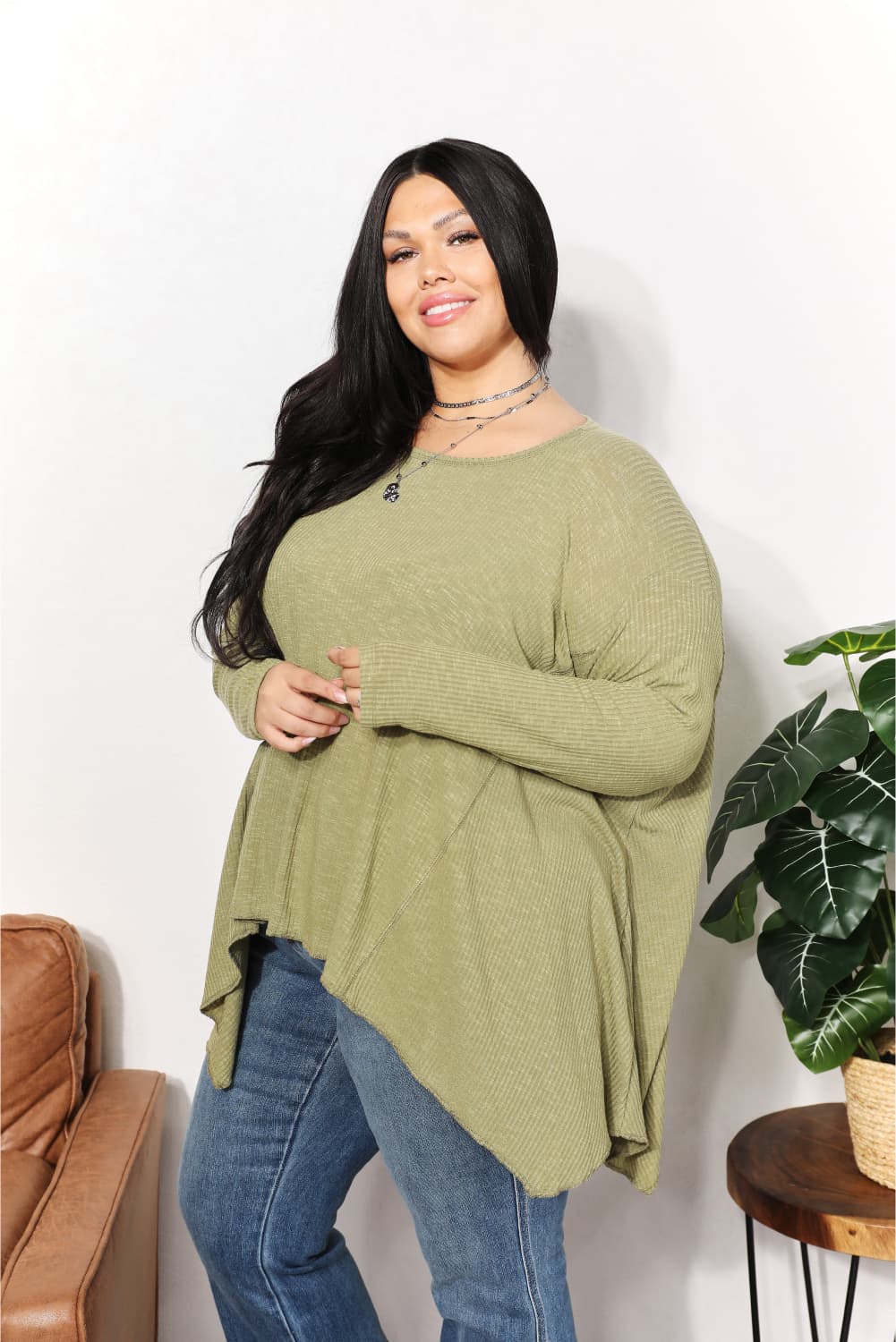 HEYSON Full Size Oversized Super Soft Rib Layering Top with a Sharkbite Hem and Round Neck - AllIn Computer