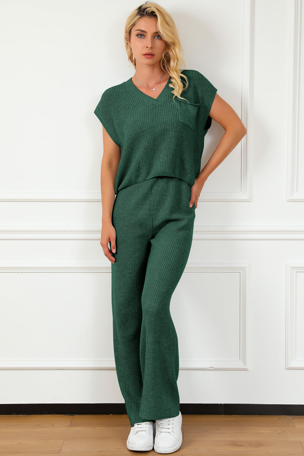 Pocketed V-Neck Top and Wide Leg Sweater Set - AllIn Computer