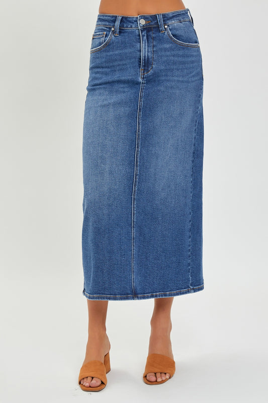 RISEN High Rise Back Slit Denim Skirt - AllIn Computer