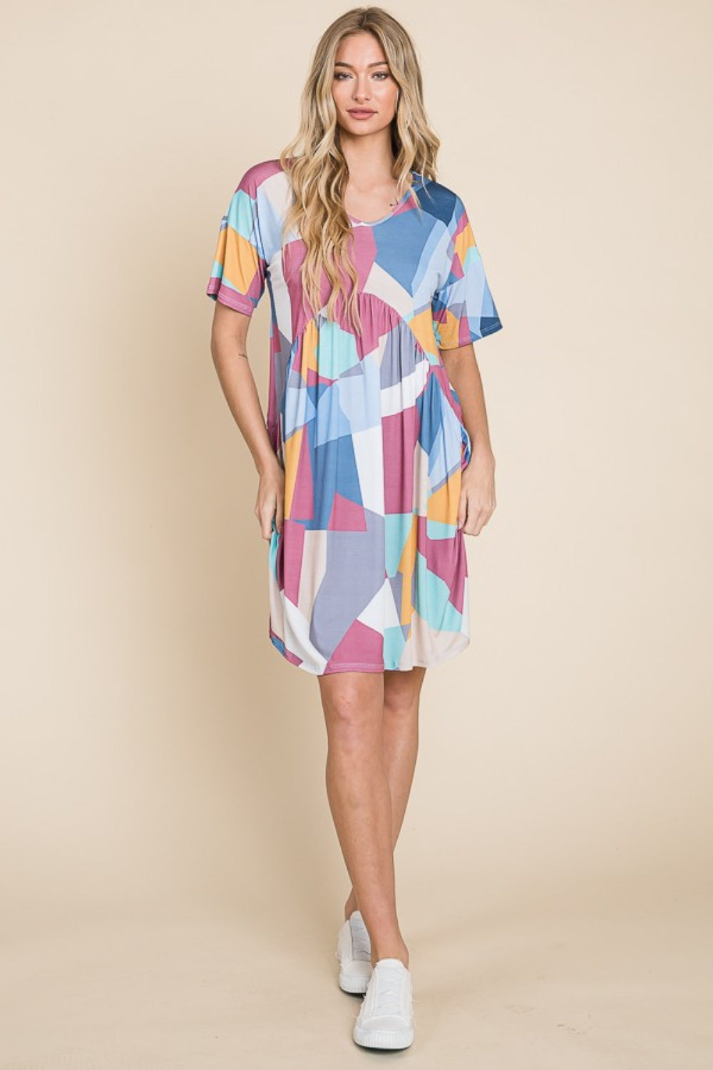 BOMBOM Ruched Color Block Short Sleeve Dress - AllIn Computer