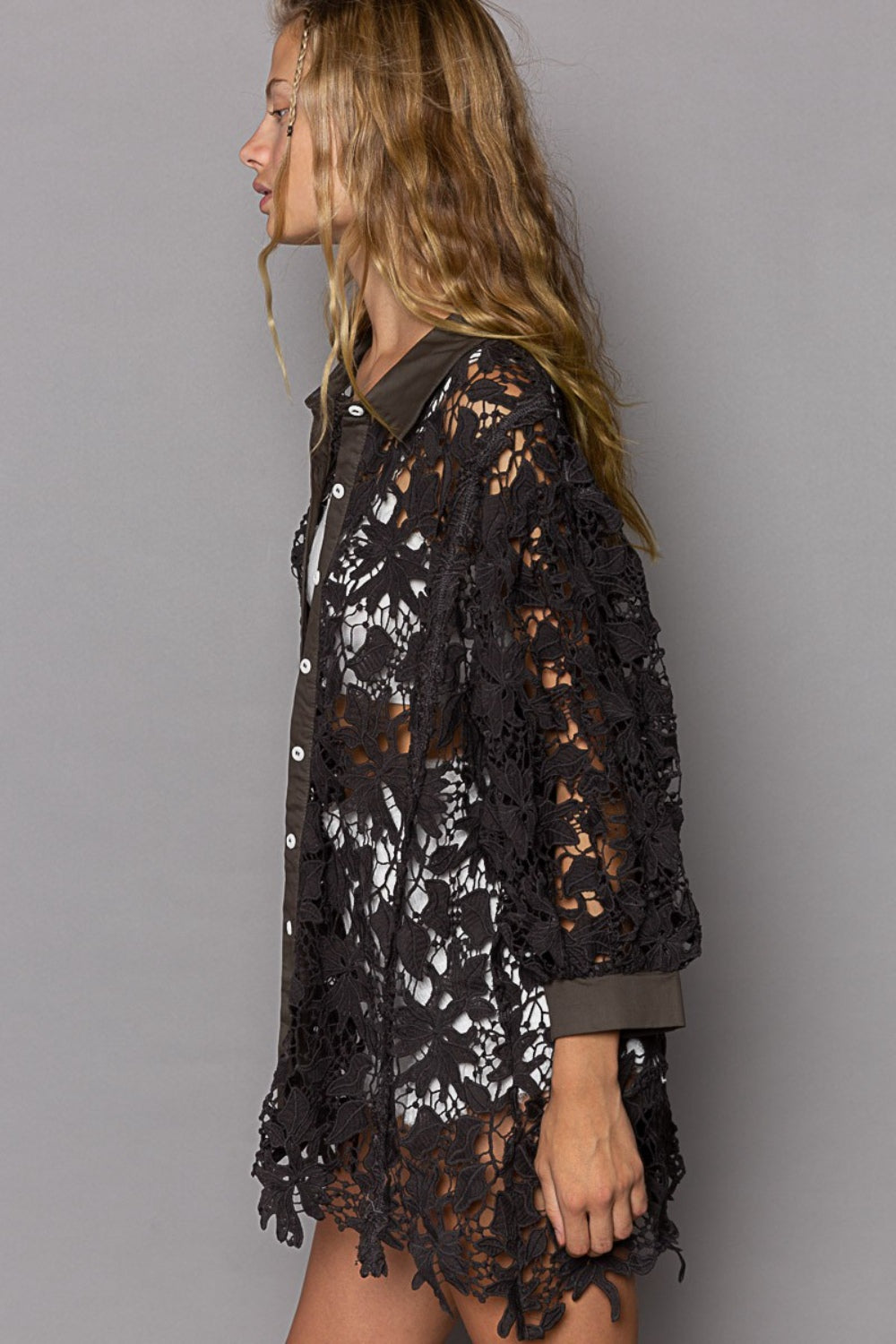 POL Collared Neck Button Up Lace Shirt - AllIn Computer