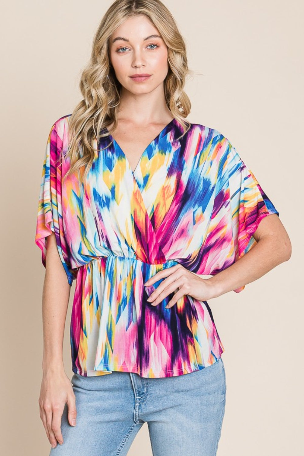 BOMBOM Printed Surplice Peplum Blouse - AllIn Computer