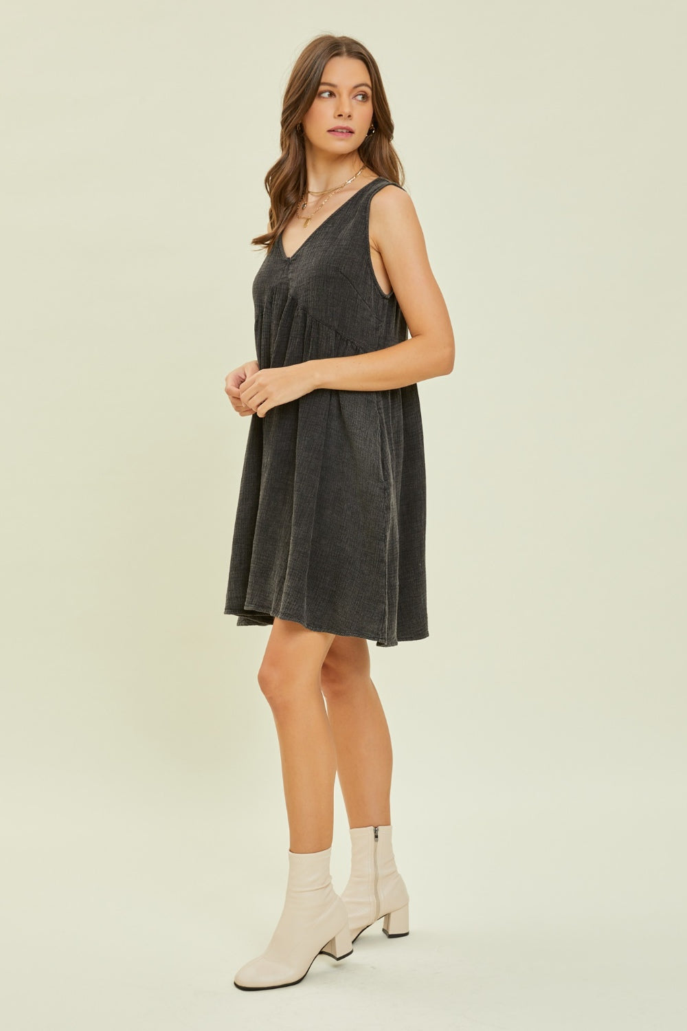 HEYSON Full Size Texture V-Neck Sleeveless Flare Mini Dress - AllIn Computer