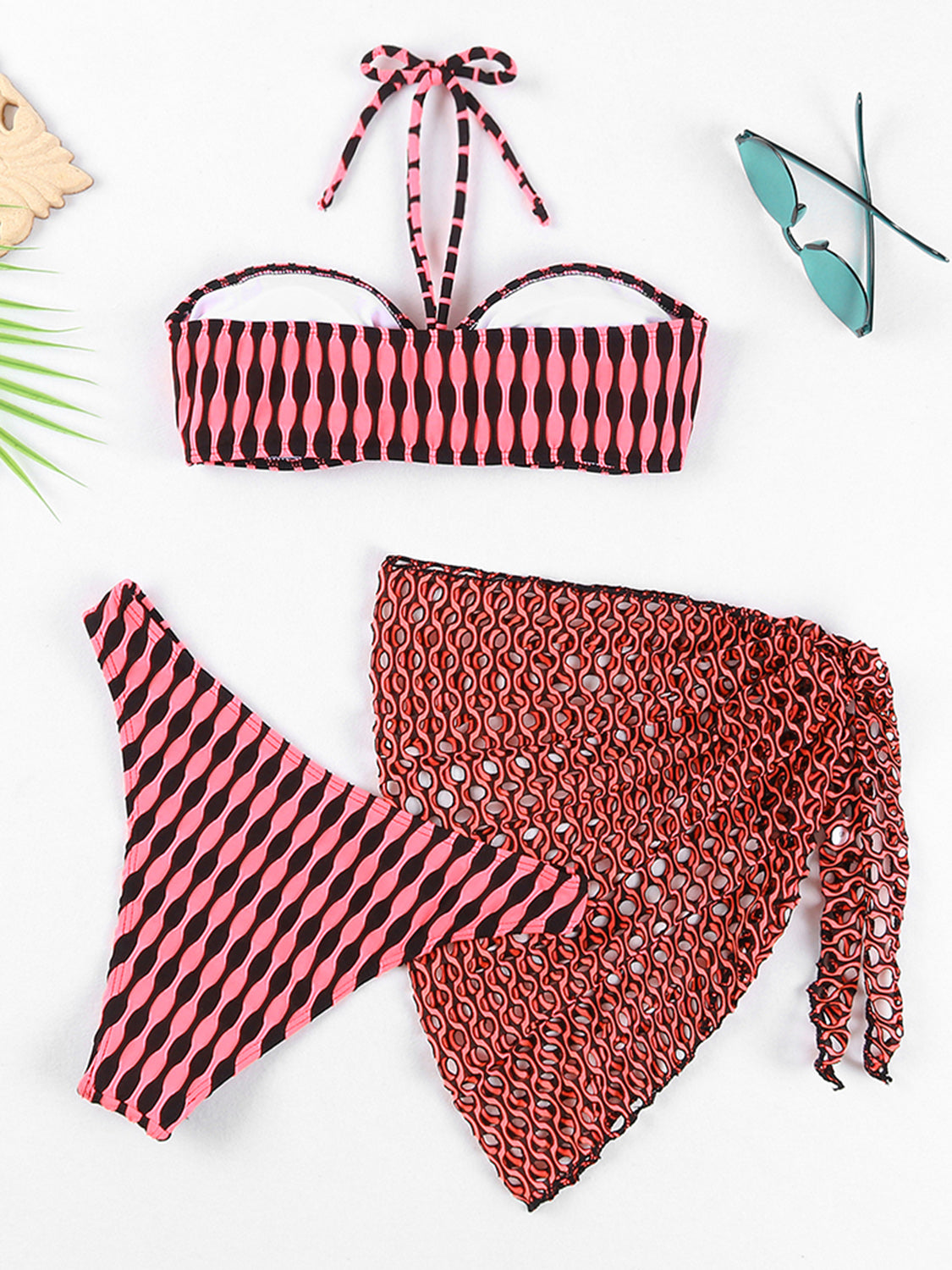 Geometric Halter Neck Three-Piece Swim Set - AllIn Computer