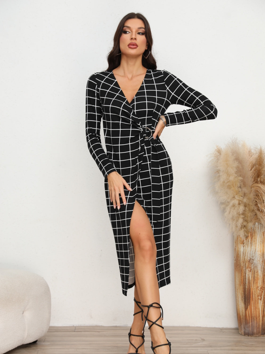 Plaid Long Sleeve Slit Dress | CLOTHING,SHOES & ACCESSORIES | CATHSNNA, dress, long sleeve dress, Ship From Overseas, slit dress | Trendsi