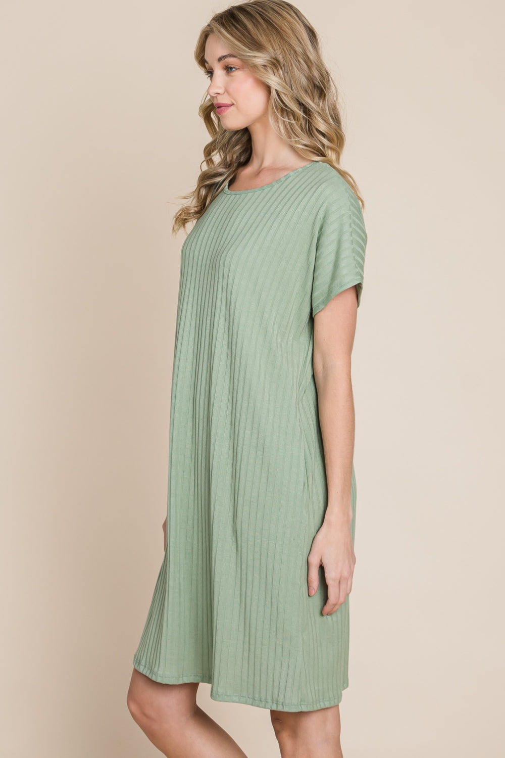 BOMBOM Ribbed Round Neck Short Sleeve Dress - AllIn Computer