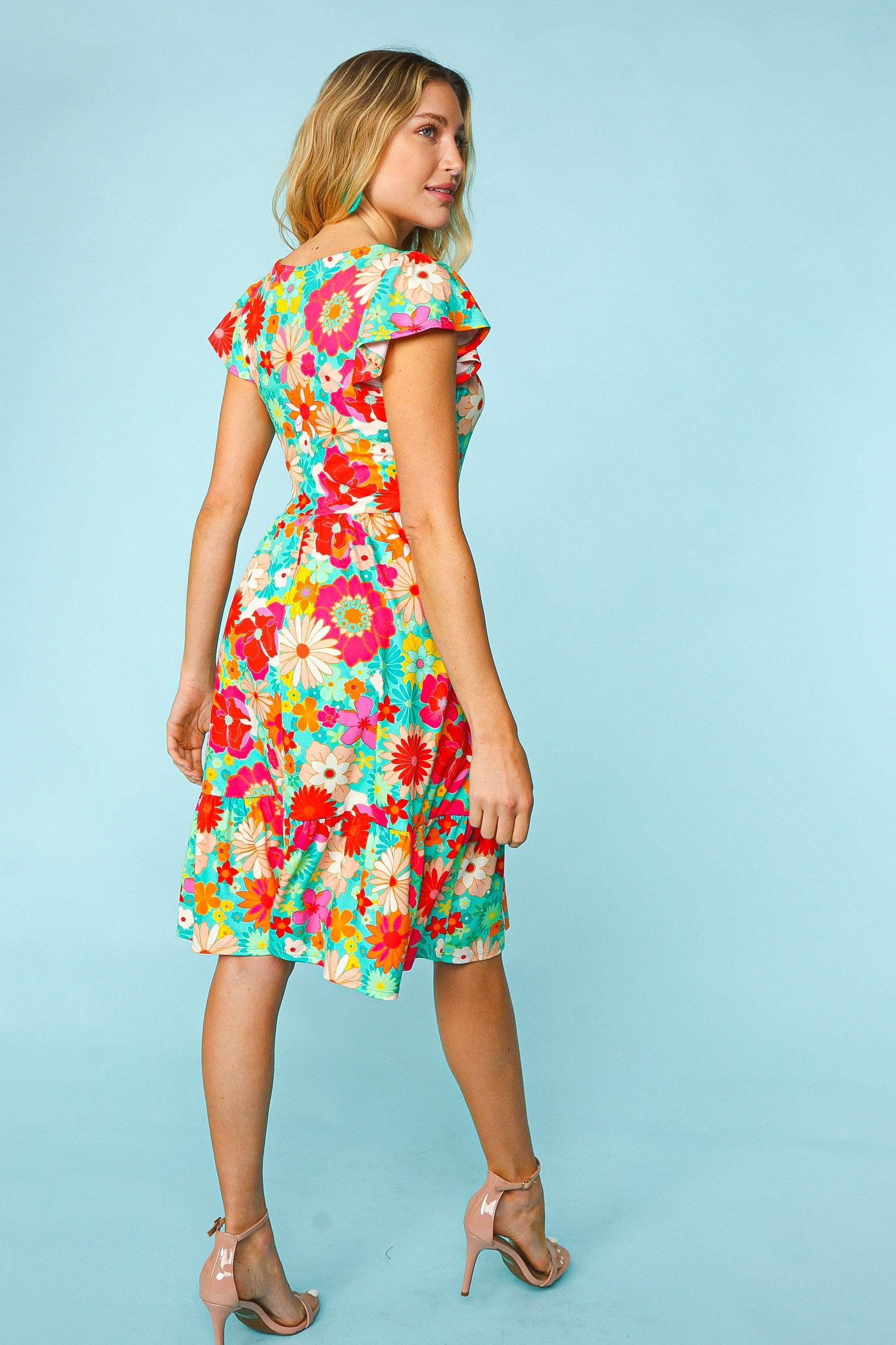 Haptics Floral Square Neck Short Sleeve Dress - AllIn Computer