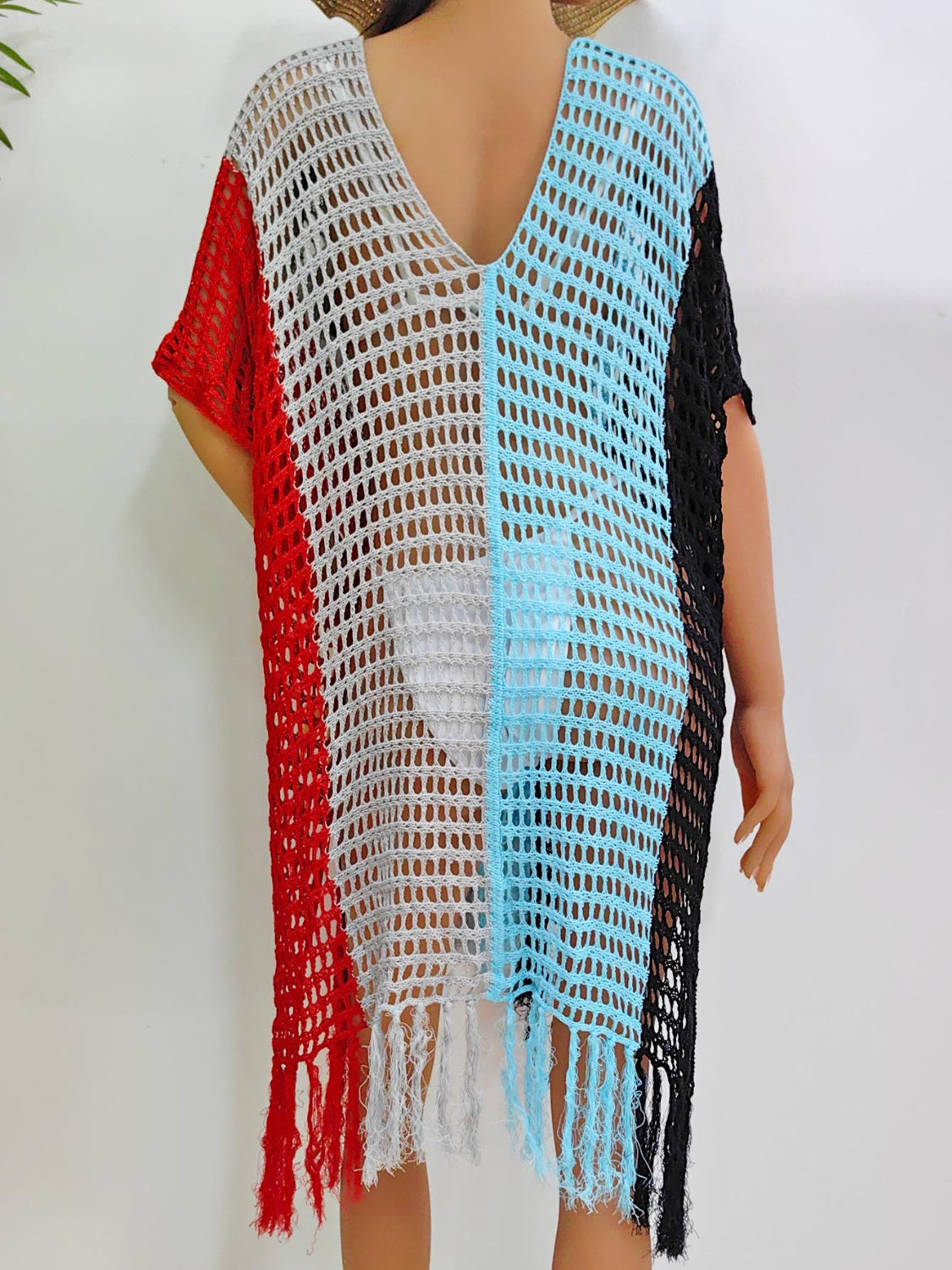 Fringe Color Block Scoop Neck Cover Up - AllIn Computer