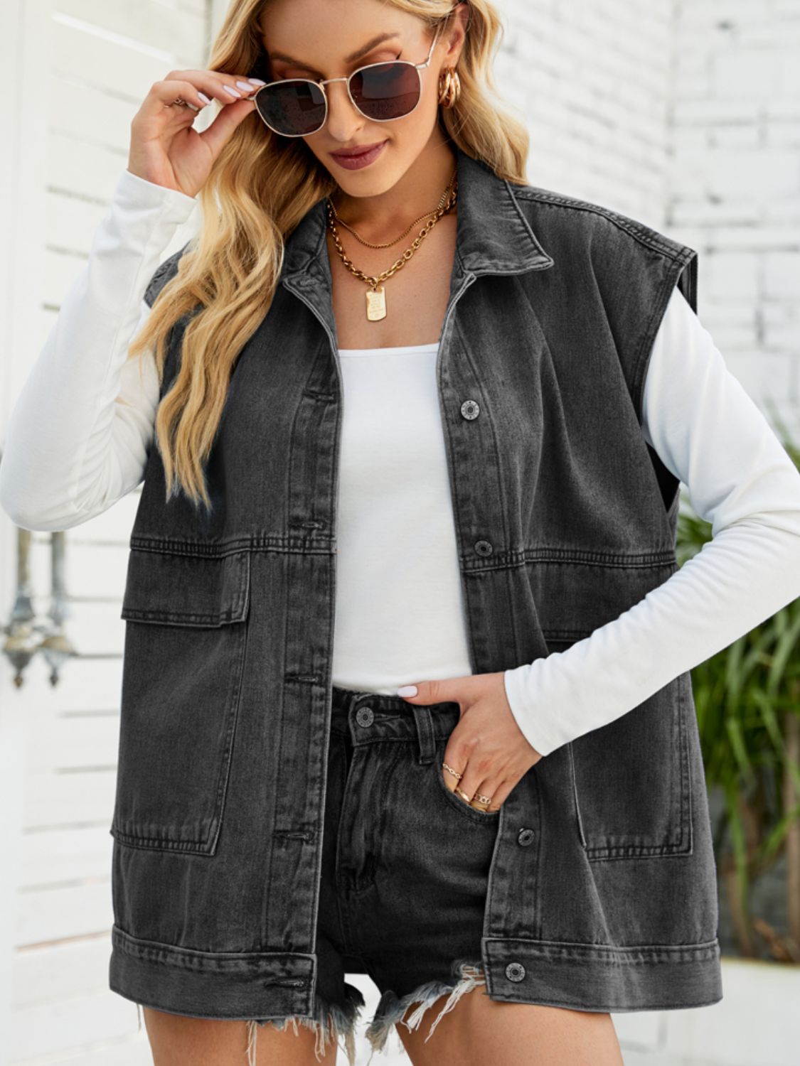 Collared Neck Sleeveless Denim Top with Pockets - AllIn Computer
