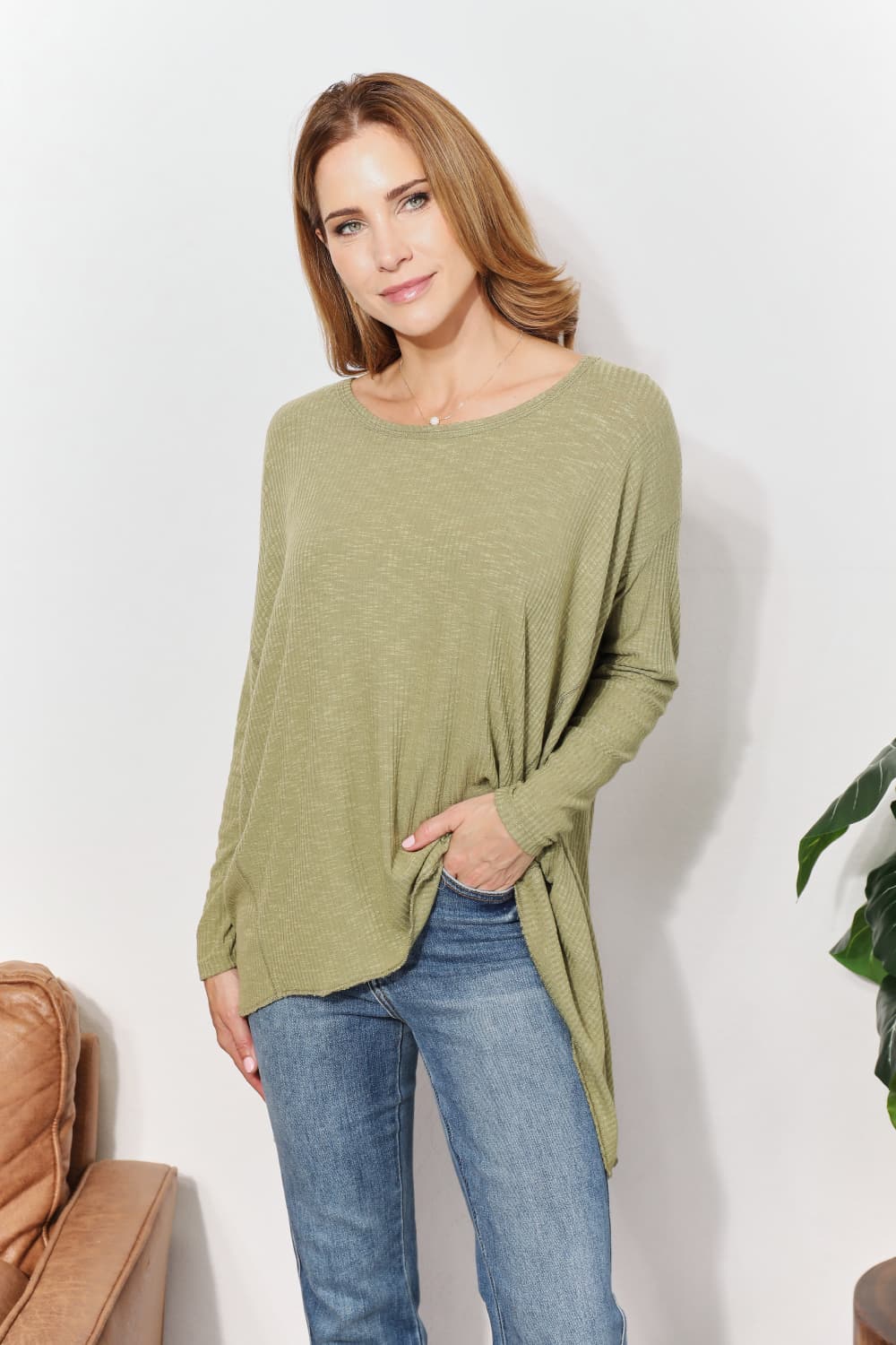 HEYSON Full Size Oversized Super Soft Rib Layering Top with a Sharkbite Hem and Round Neck - AllIn Computer