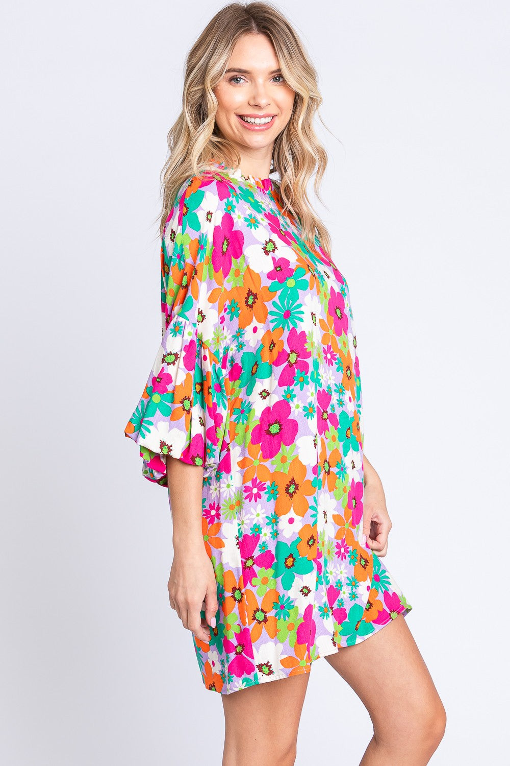 GeeGee Full Size Floral Round Neck Lantern Sleeve Mini Dress - AllIn Computer