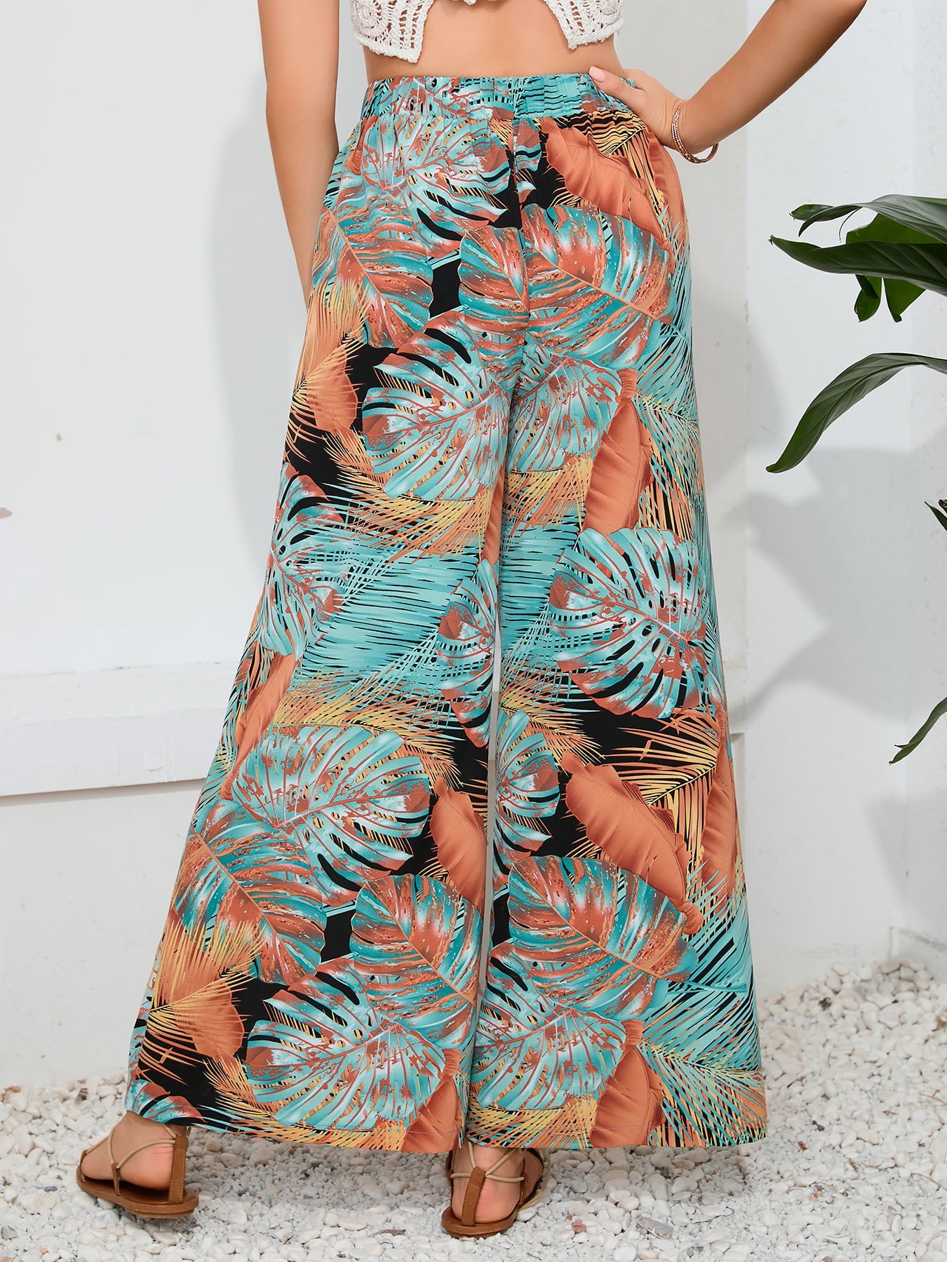 Printed Split Wide Leg Long Pants - AllIn Computer