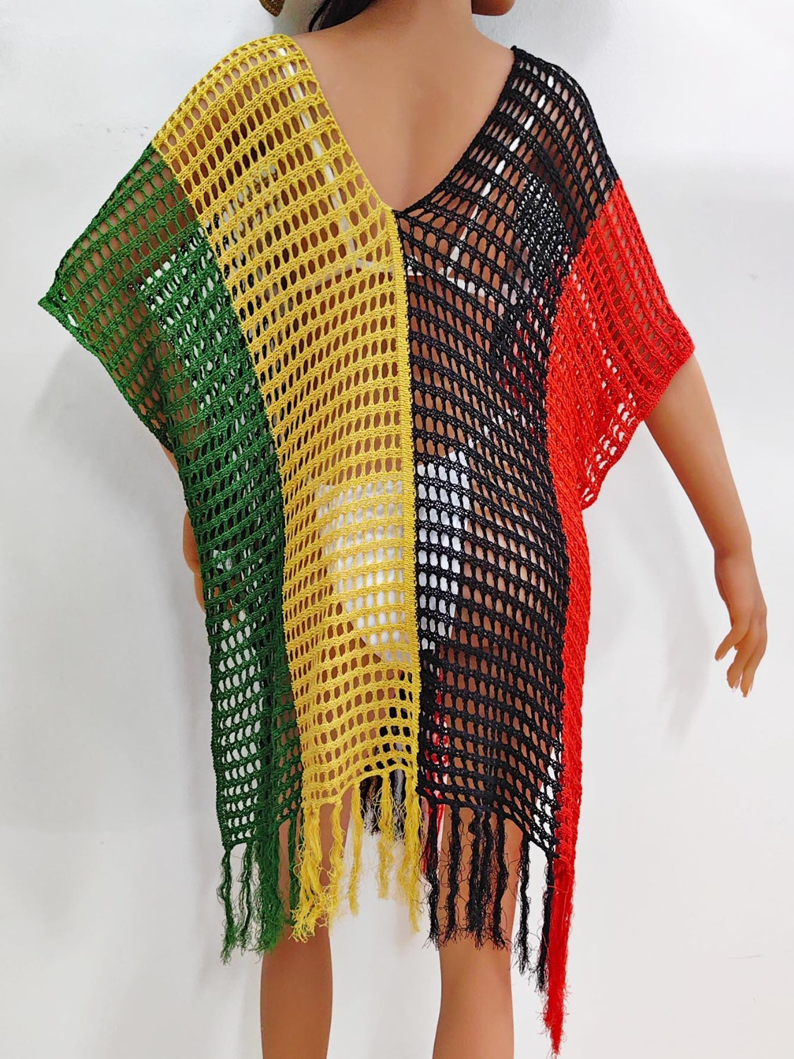 Fringe Color Block Scoop Neck Cover Up - AllIn Computer