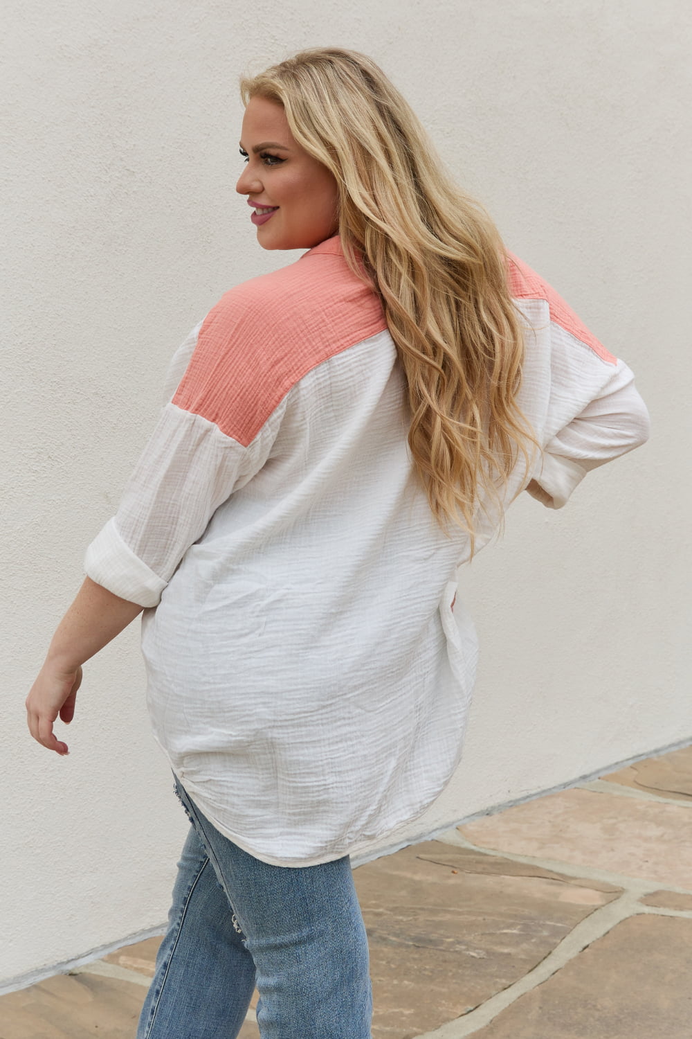 White Birch Full Size Color Block Woven Button Down Top - AllIn Computer