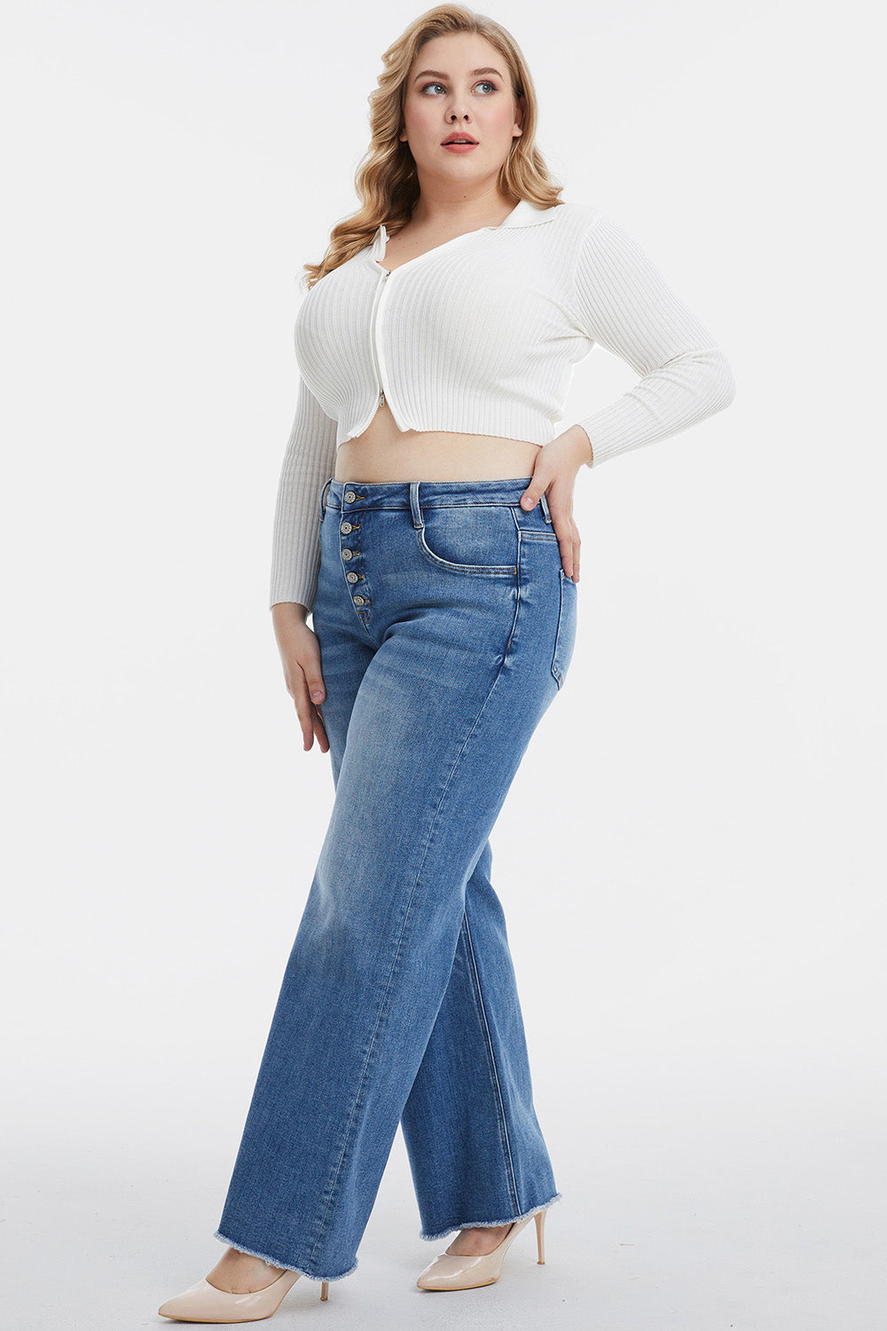 BAYEAS Full Size High Waist Button-Fly Raw Hem Wide Leg Jeans - AllIn Computer