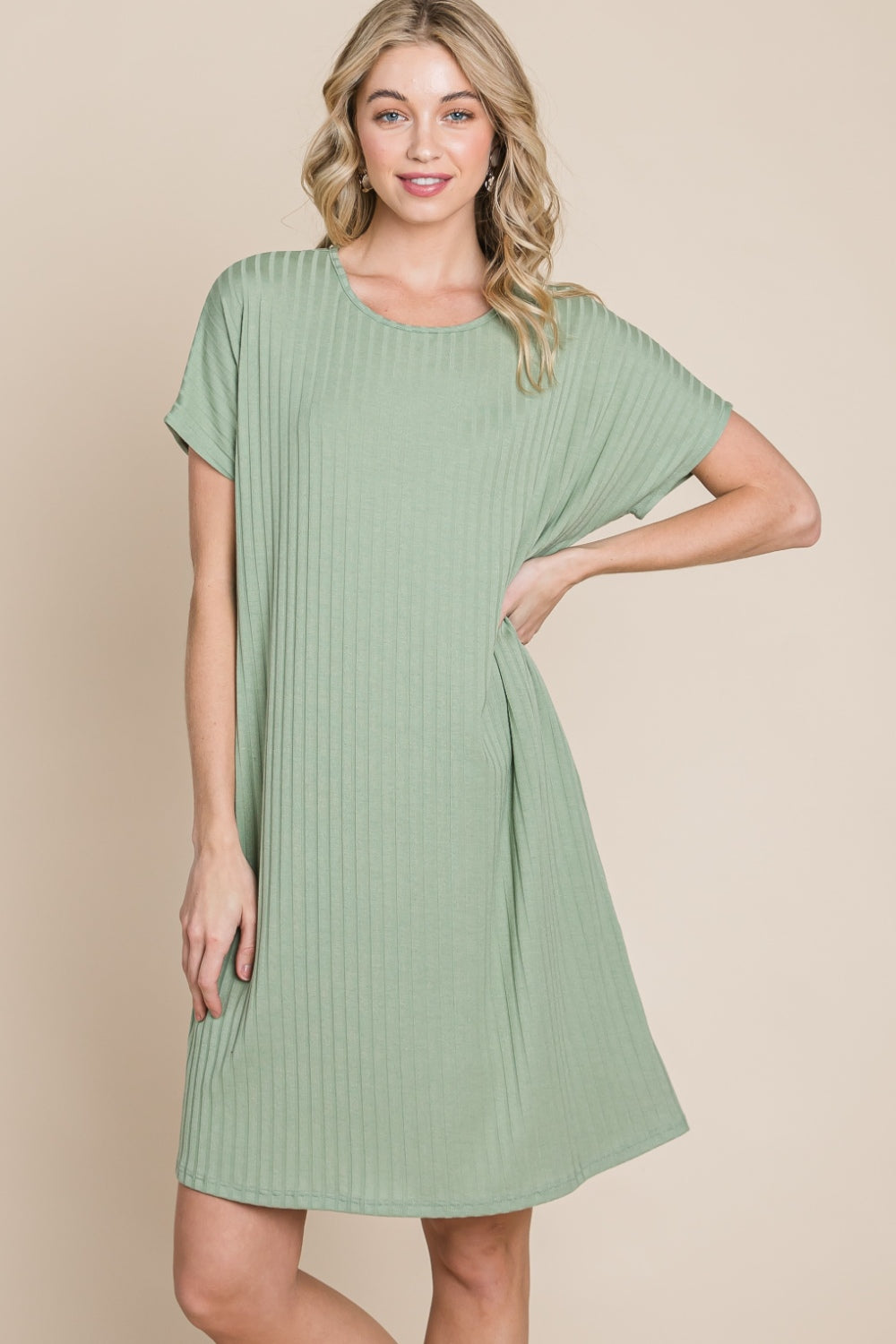 BOMBOM Ribbed Round Neck Short Sleeve Dress - AllIn Computer