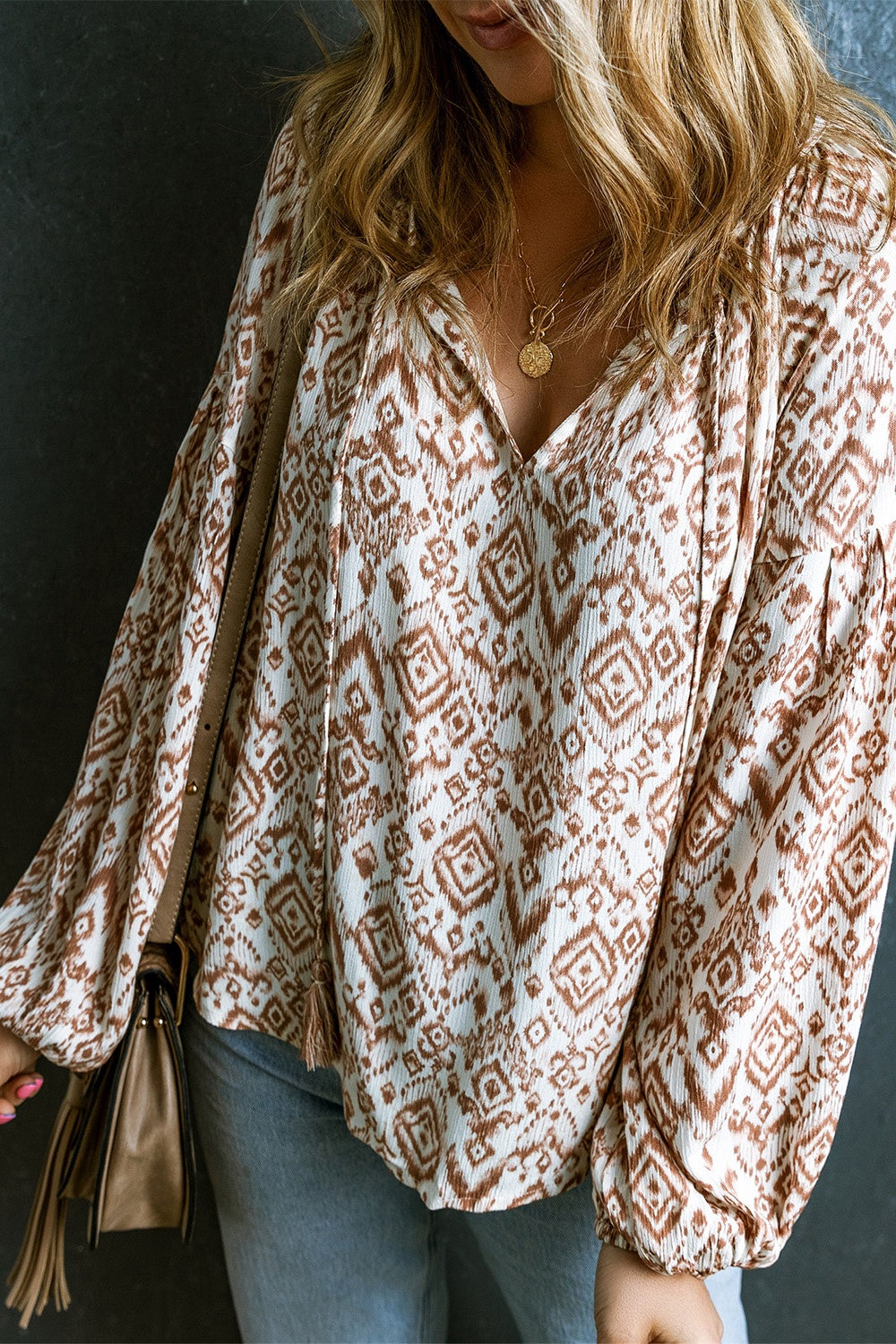 Printed Tie Neck Balloon Sleeve Blouse - AllIn Computer