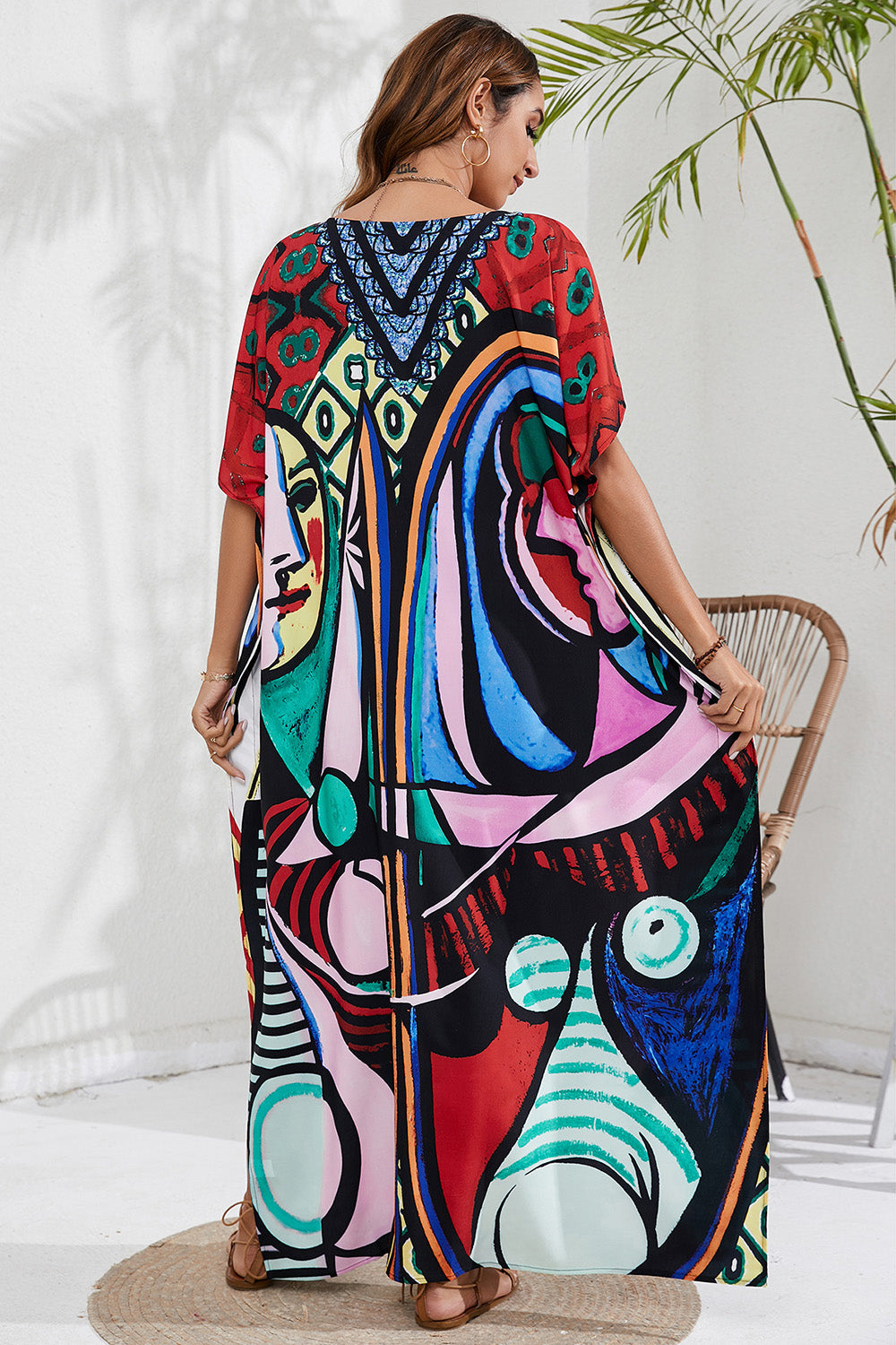 Slit Printed V-Neck Short Sleeve Cover Up - AllIn Computer