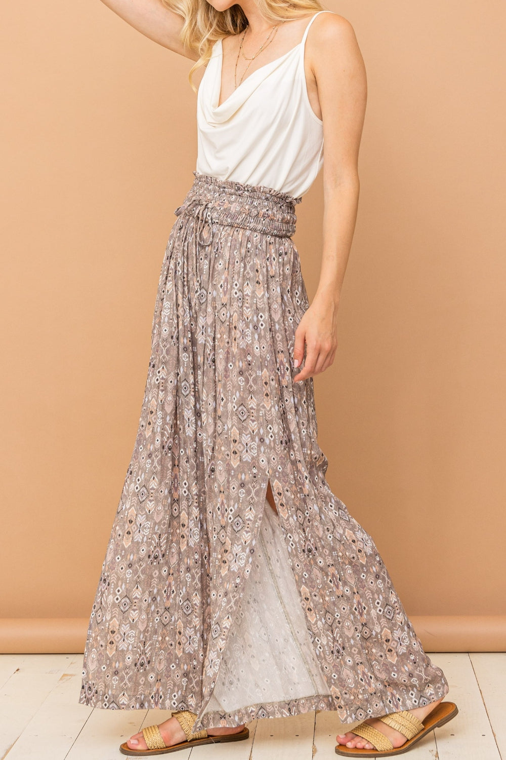 And The Why Printed Smocked Waist Slit Wide Leg Pants - AllIn Computer