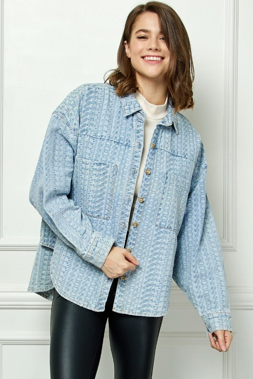 Veveret Button Up Dropped Shoulder Denim Top - AllIn Computer