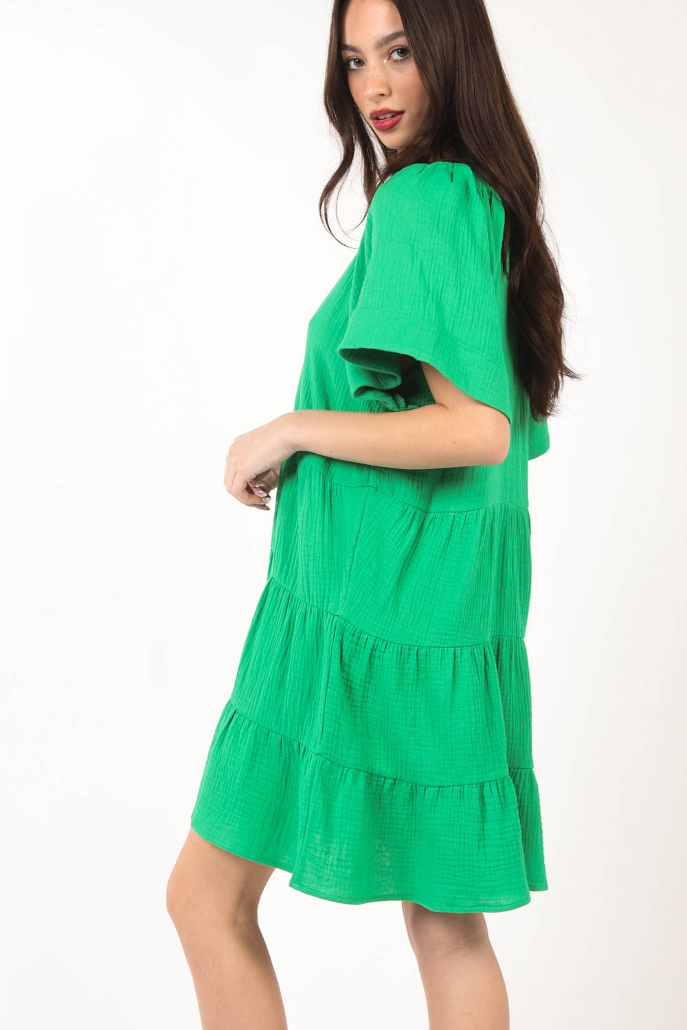 VERY J Texture V-Neck Ruffled Tiered Dress - AllIn Computer