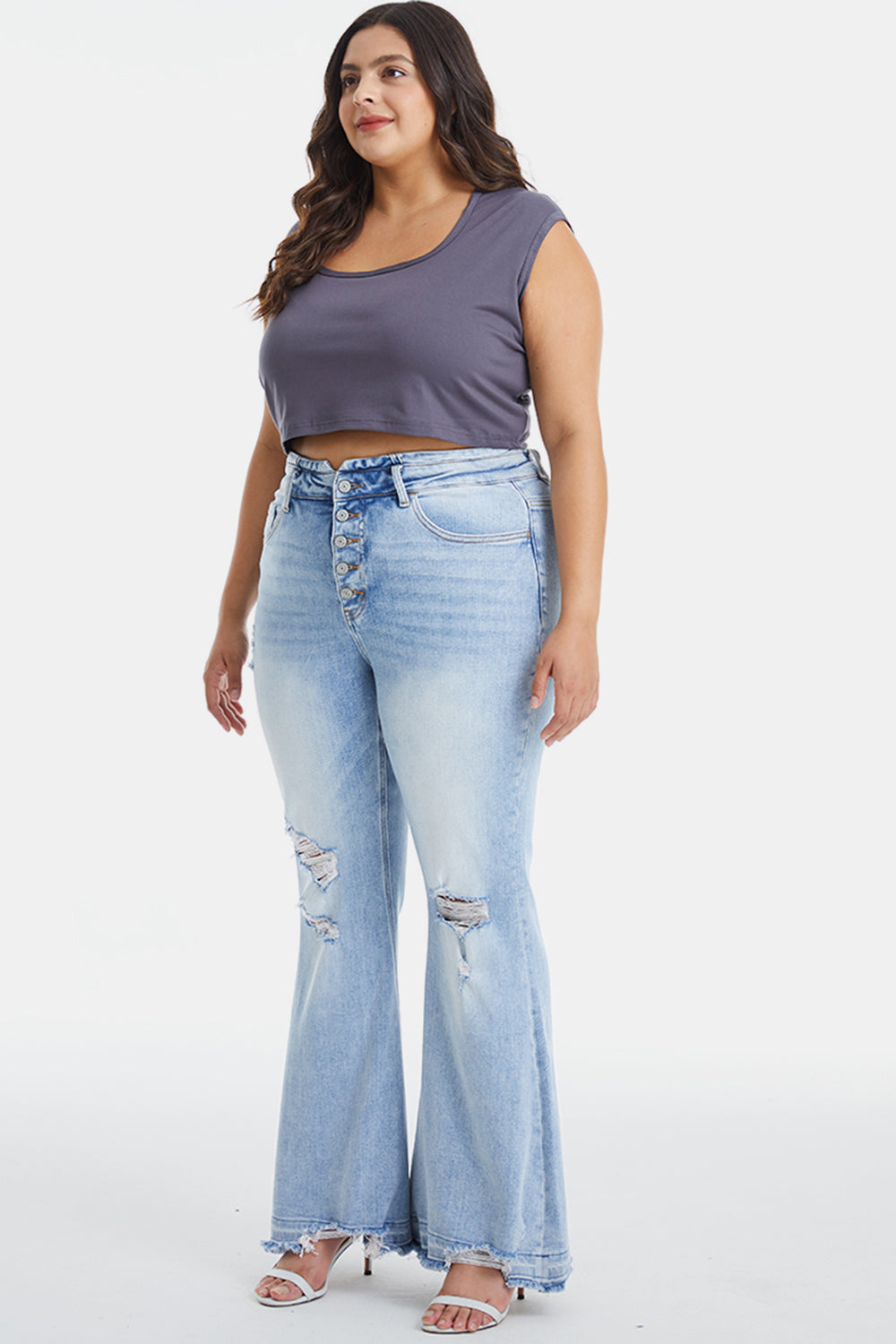 BAYEAS Full Size Distressed Raw Hem High Waist Flare Jeans - AllIn Computer