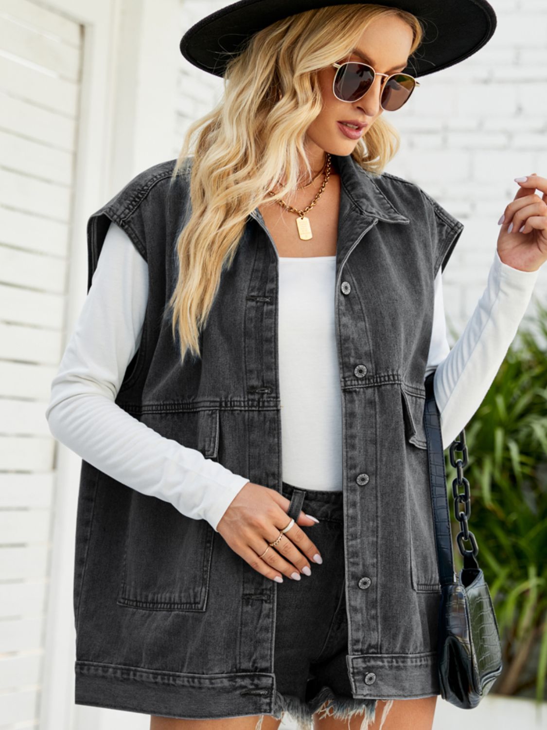 Collared Neck Sleeveless Denim Top with Pockets - AllIn Computer